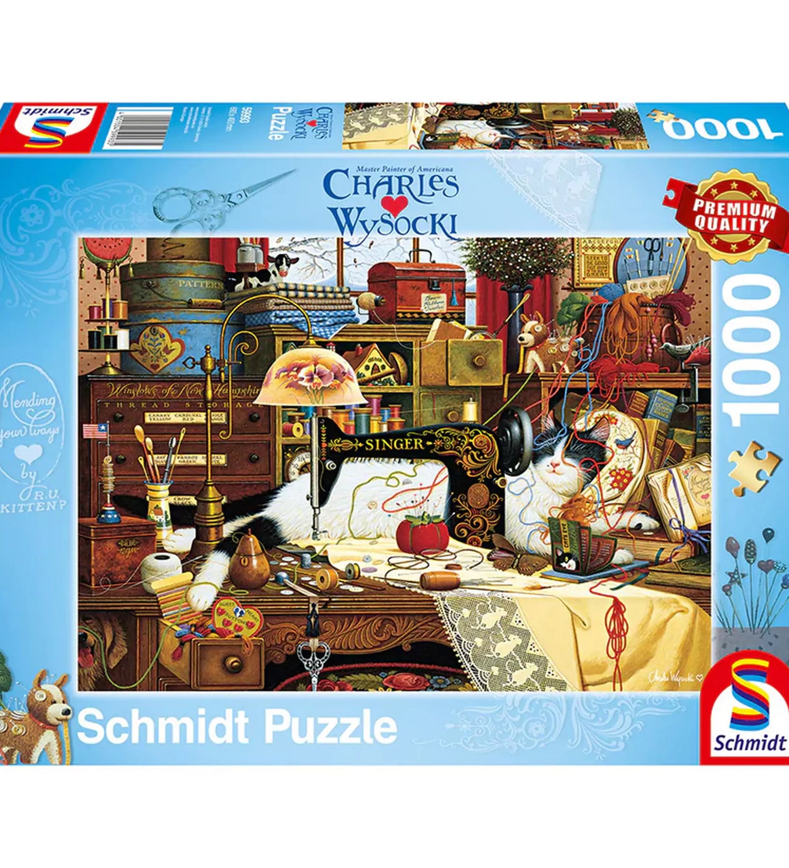 A Puzzle Schmidt Charles Wysocki: Maggie the Messmaker 1000 darabos kirakó doboza, amely egy részletgazdag, vintage varróműhelyt ábrázol, benne két fehér-fekete macskával és egy Singer varrógéppel.