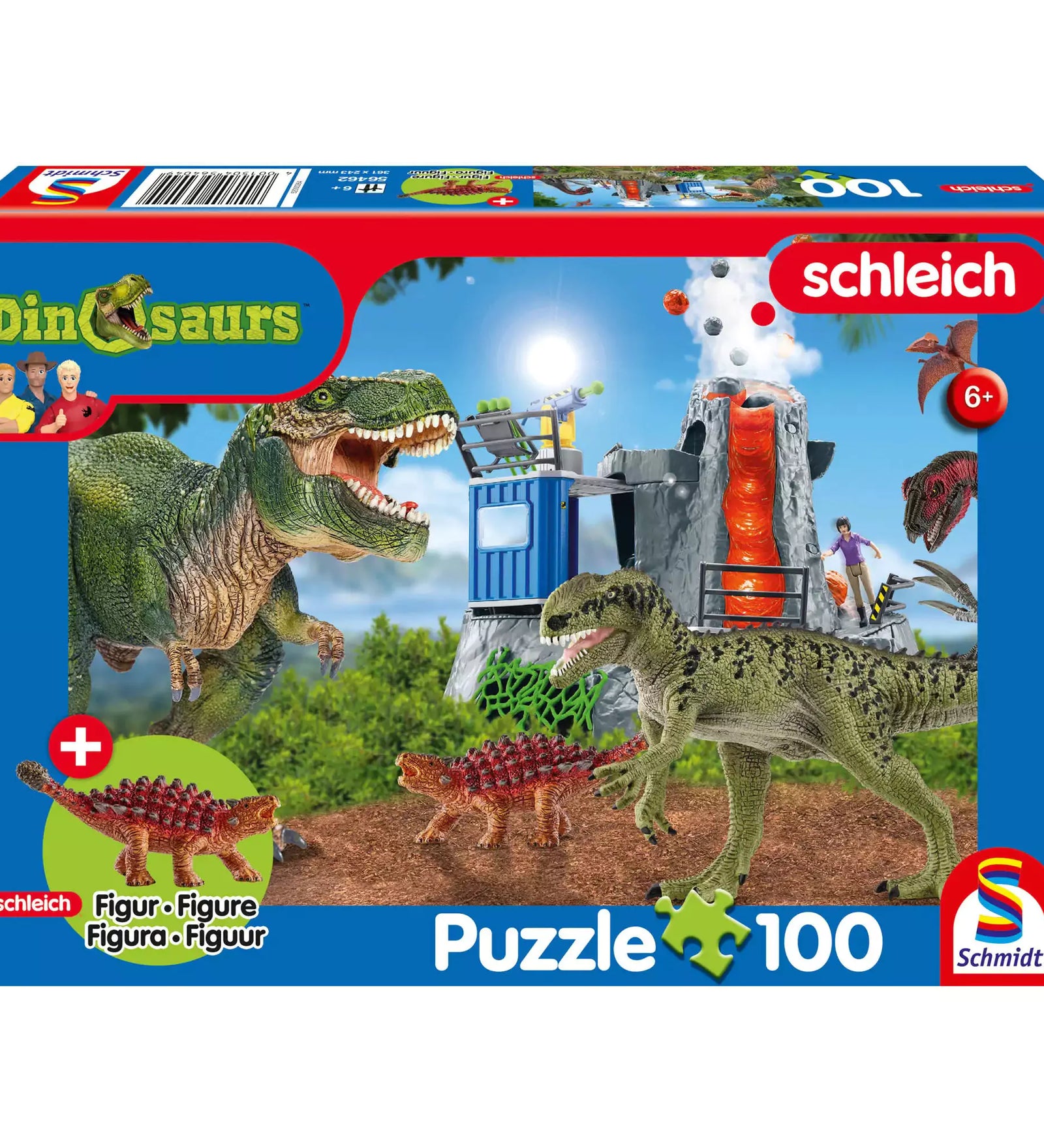 A képen a Schmidt 100 darabos „Dinosaurs from Prehistoric Times” puzzle doboza látható, amely izgalmas, vulkánkitöréses jelenetet ábrázol dinoszauruszokkal és felfedezőkkel. A készlet egy különleges Saichania figura játékot is tartalmaz, amely még élvezetesebbé teszi az összeállítást a dinoszauruszrajongó gyerekek számára.