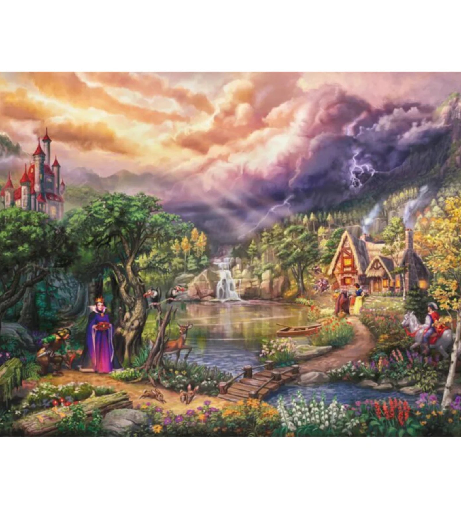 A Puzzle Schmidt Disney – Hófehérke és a királynő kirakott képe Thomas Kinkade stílusában, tündérmesei részletekkel.