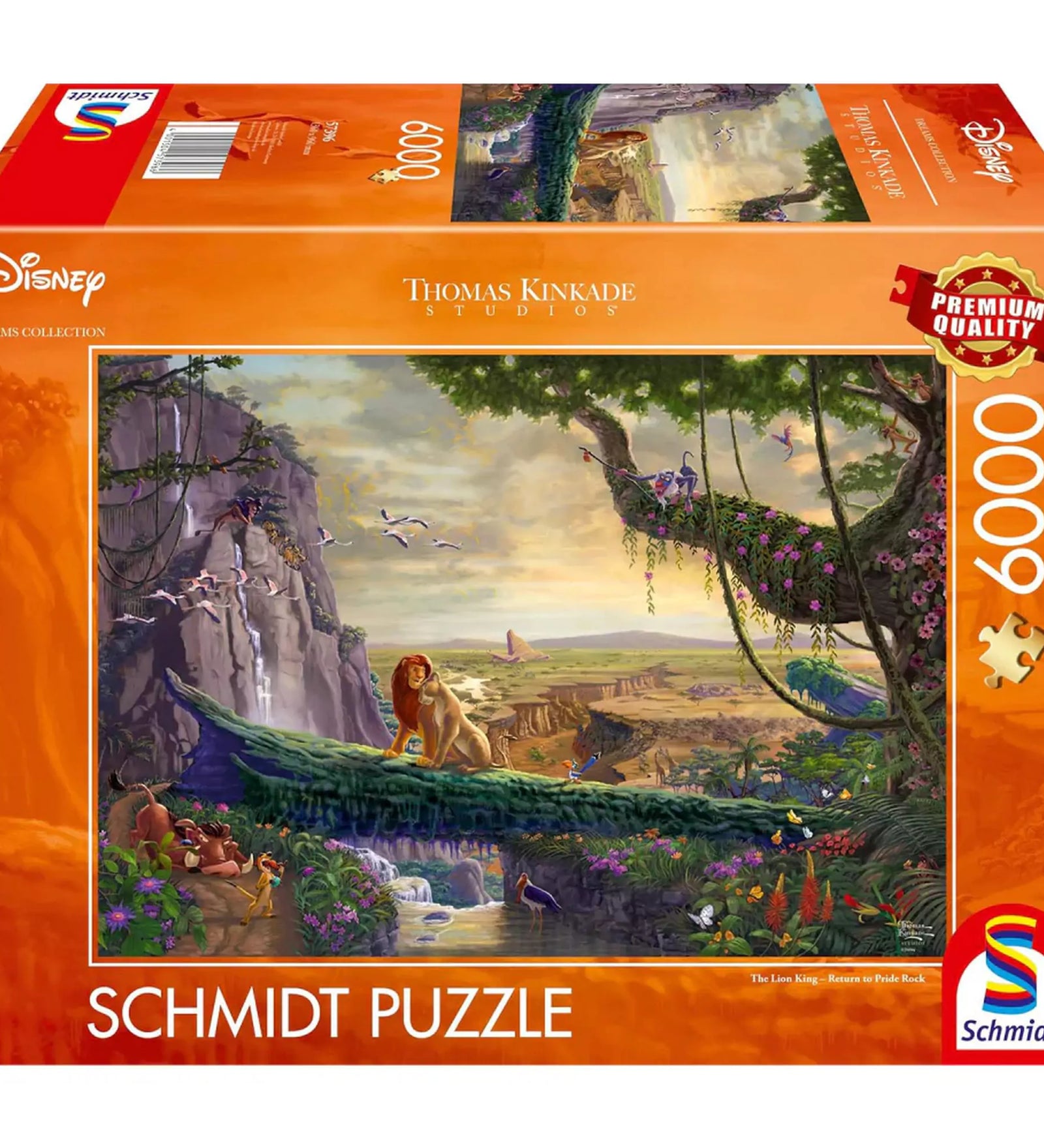 A képen a Schmidt Puzzle Disney – The Lion King: Return to Pride Rock doboza látható. Ez egy prémium minőségű, 6000 darabos puzzle, amely Thomas Kinkade ikonikus, részletgazdag illusztrációját ábrázolja az Oroszlánkirály világáról. A doboz élénk narancssárga színe és a „Premium Quality” jelzés kiemeli a termék különlegességét.