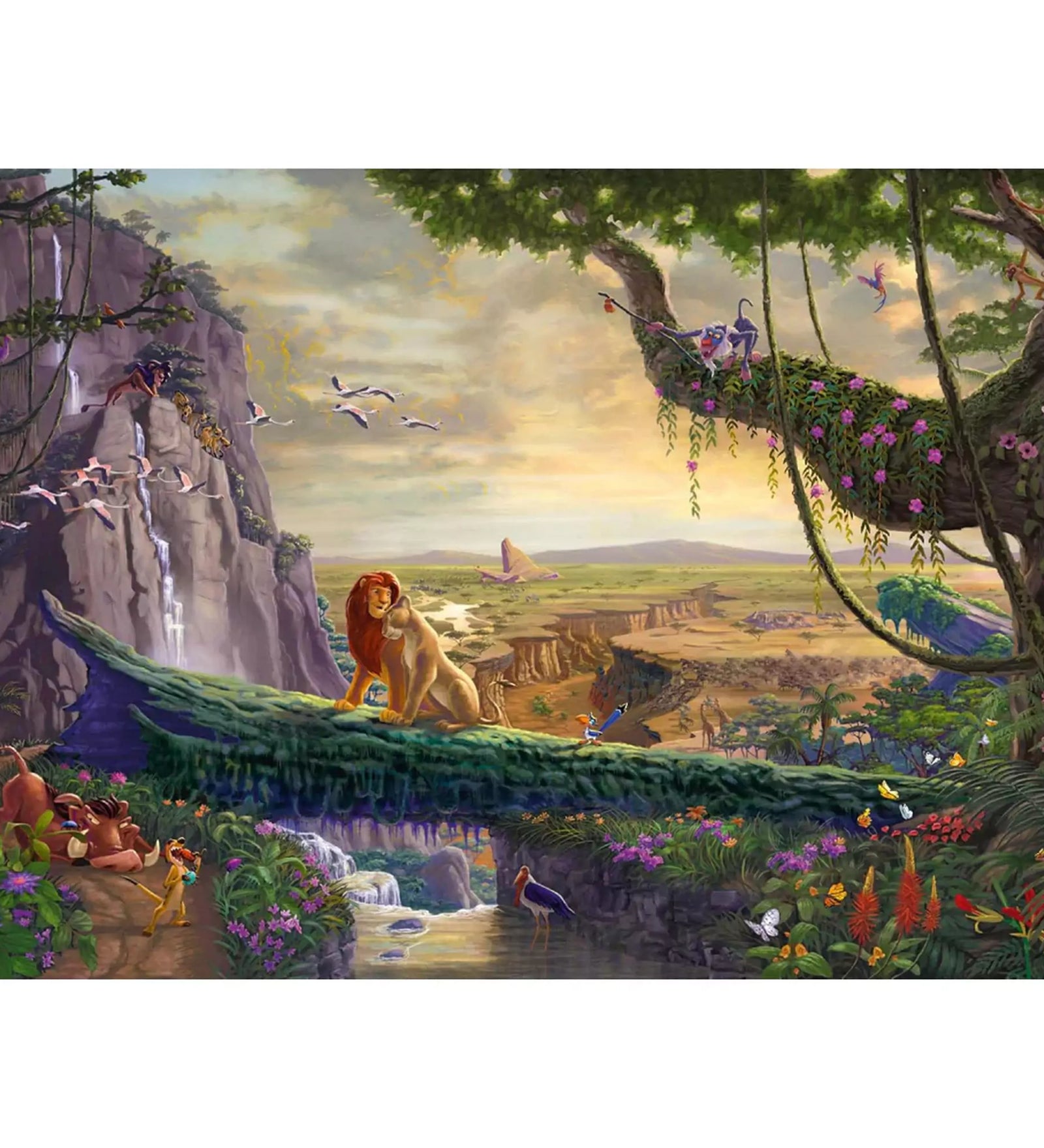 A képen a Schmidt Puzzle – The Lion King: Return to Pride Rock kirakó teljes képe látható. Thomas Kinkade varázslatos illusztrációja eleveníti meg az Oroszlánkirály ikonikus jelenetét: Simba büszkén áll a Szikla ormán, míg körülötte színes növényzet, vízesés, állatok és a naplementében fürdő táj teszi teljessé az epikus pillanatot.