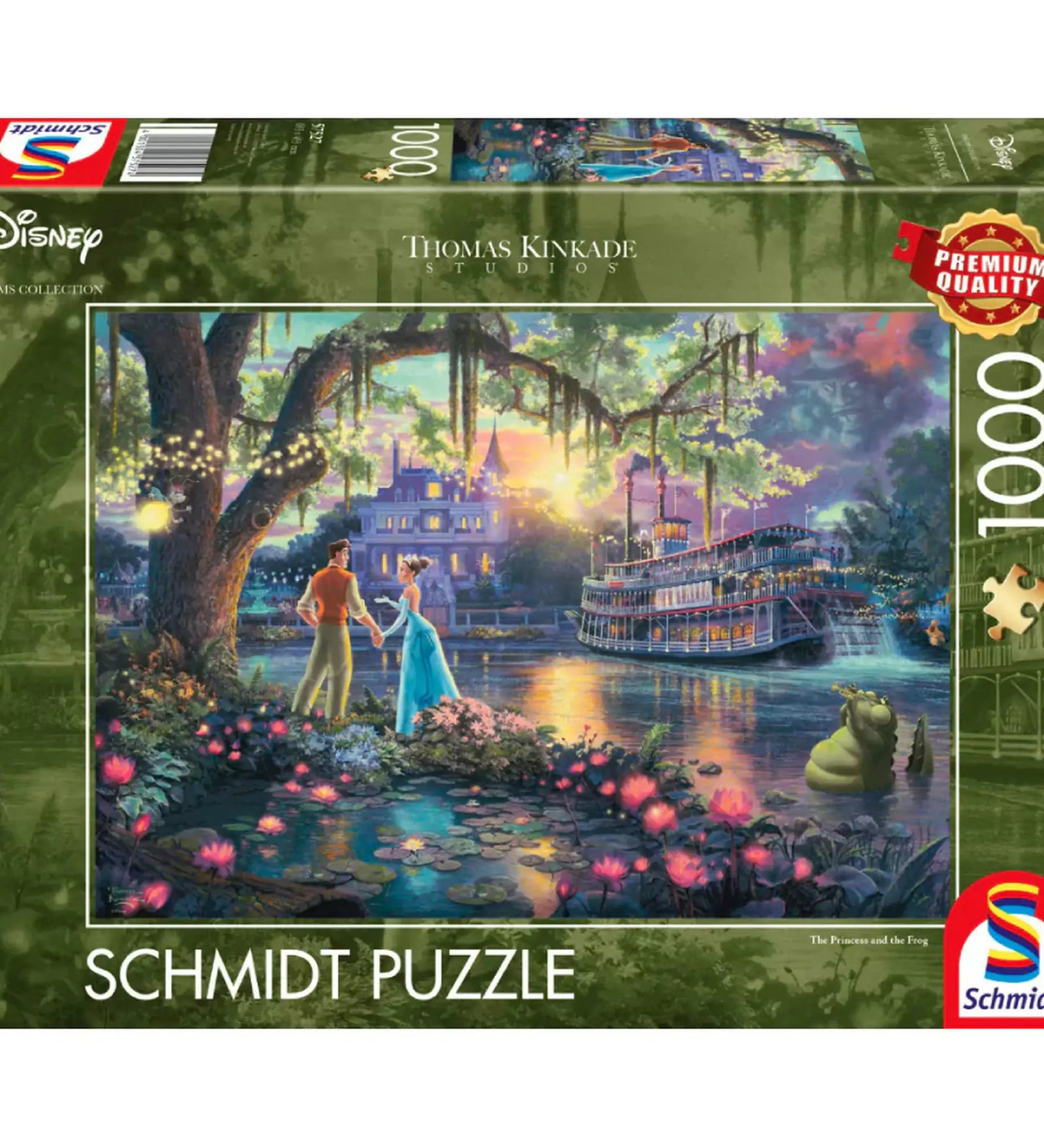 Ez a fotó a Schmidt Puzzle prémium minőségű, 1000 darabos kirakójának dobozát ábrázolja, amely a Disney „A hercegnő és a béka” című meséjének egyik varázslatos jelenetét örökíti meg. A romantikus esti hangulatot Thomas Kinkade, a fény festője álmodta meg, csodás színek és részletek segítségével.