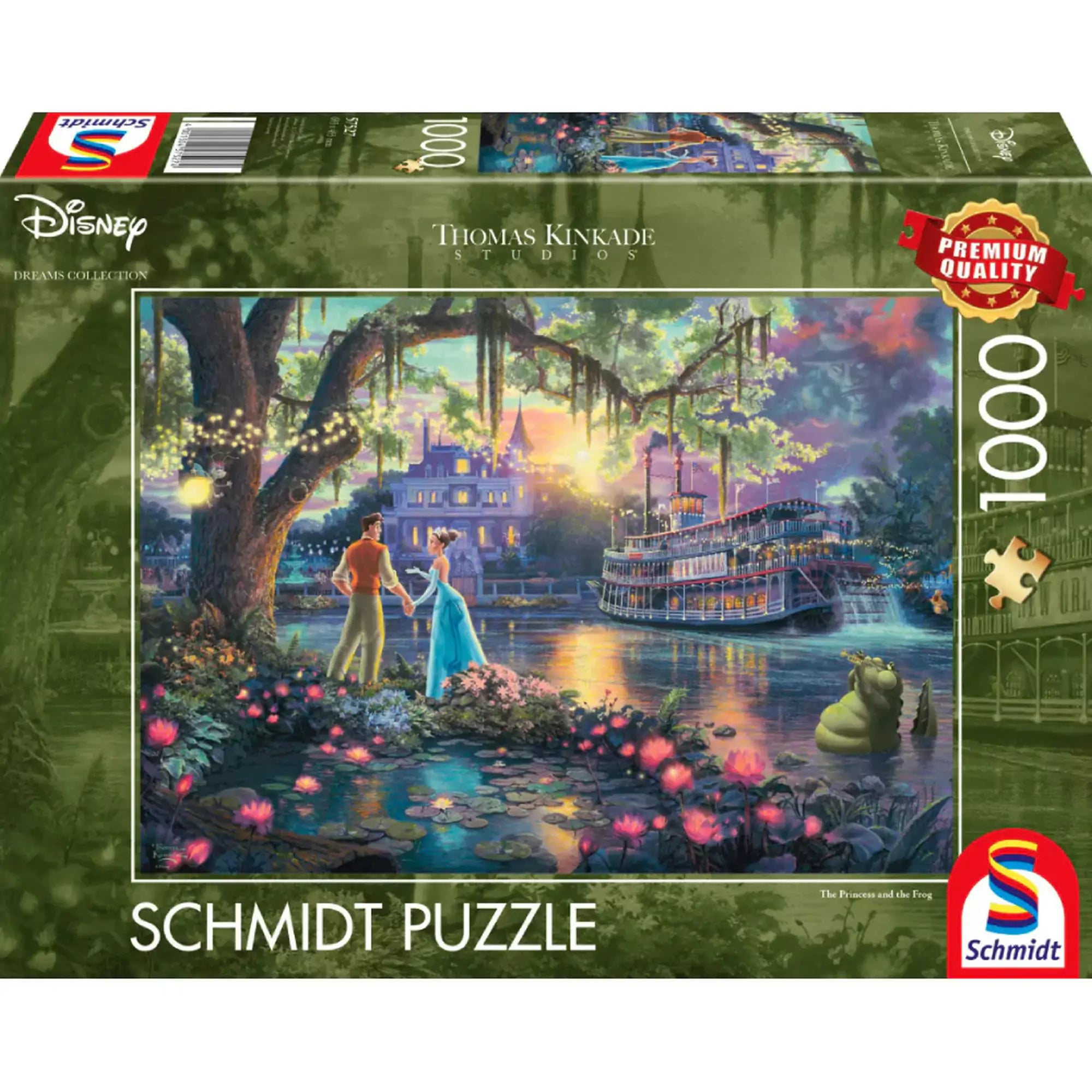 Ez a fotó a Schmidt Puzzle prémium minőségű, 1000 darabos kirakójának dobozát ábrázolja, amely a Disney „A hercegnő és a béka” című meséjének egyik varázslatos jelenetét örökíti meg. A romantikus esti hangulatot Thomas Kinkade, a fény festője álmodta meg, csodás színek és részletek segítségével.