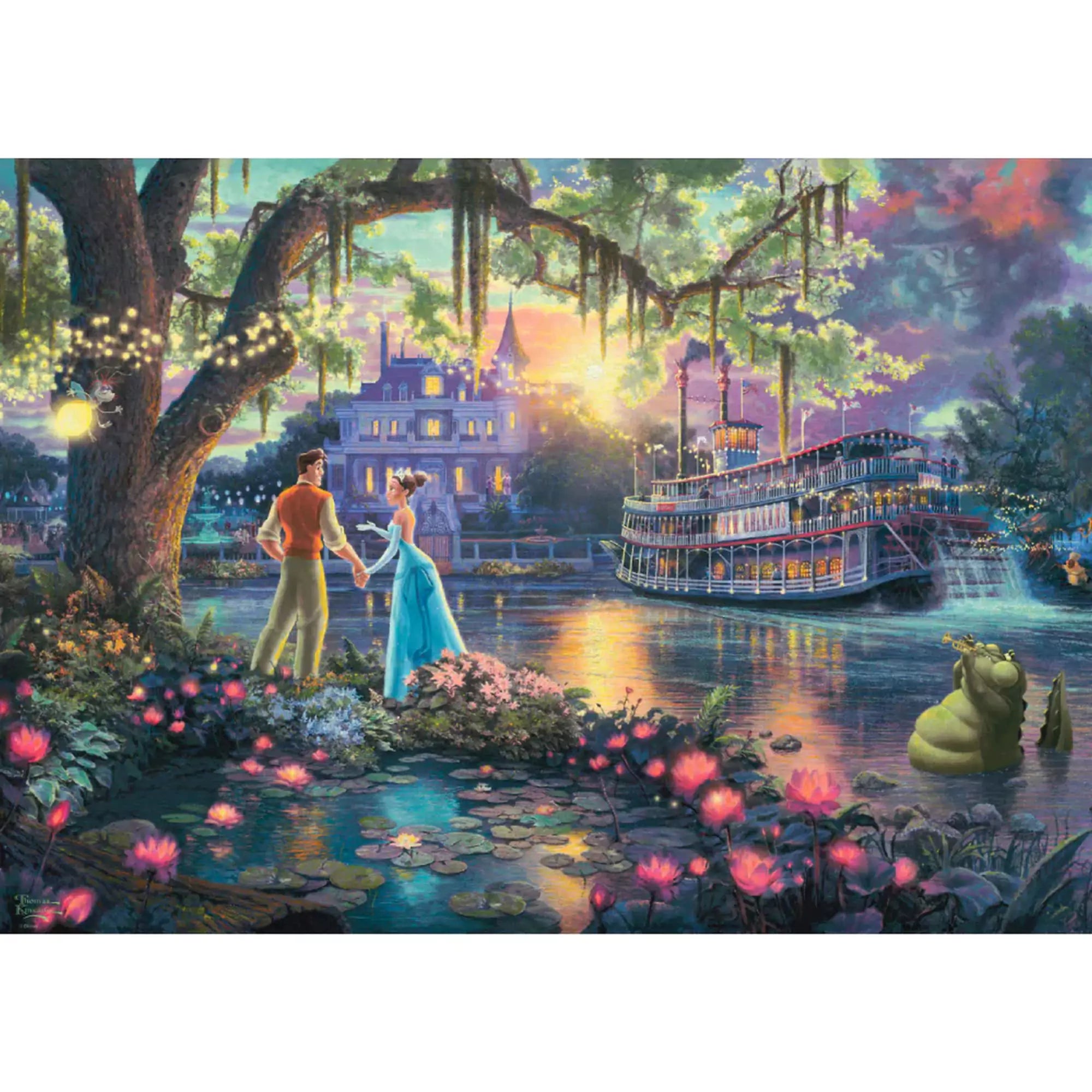 A képen a „Disney – A hercegnő és a béka” című mese egyik legvarázslatosabb jelenete látható Thomas Kinkade festő művészi ábrázolásában. A romantikus hangulatot a lótuszvirágokkal teli tó, a fákon pislákoló fények és a háttérben úszó díszes hajó teszi még különlegesebbé. Tiana és Naveen herceg kéz a kézben állnak a vízparton, miközben a háttérben Louis, a krokodil zenél – minden részlet egy mesebeli világba repít.