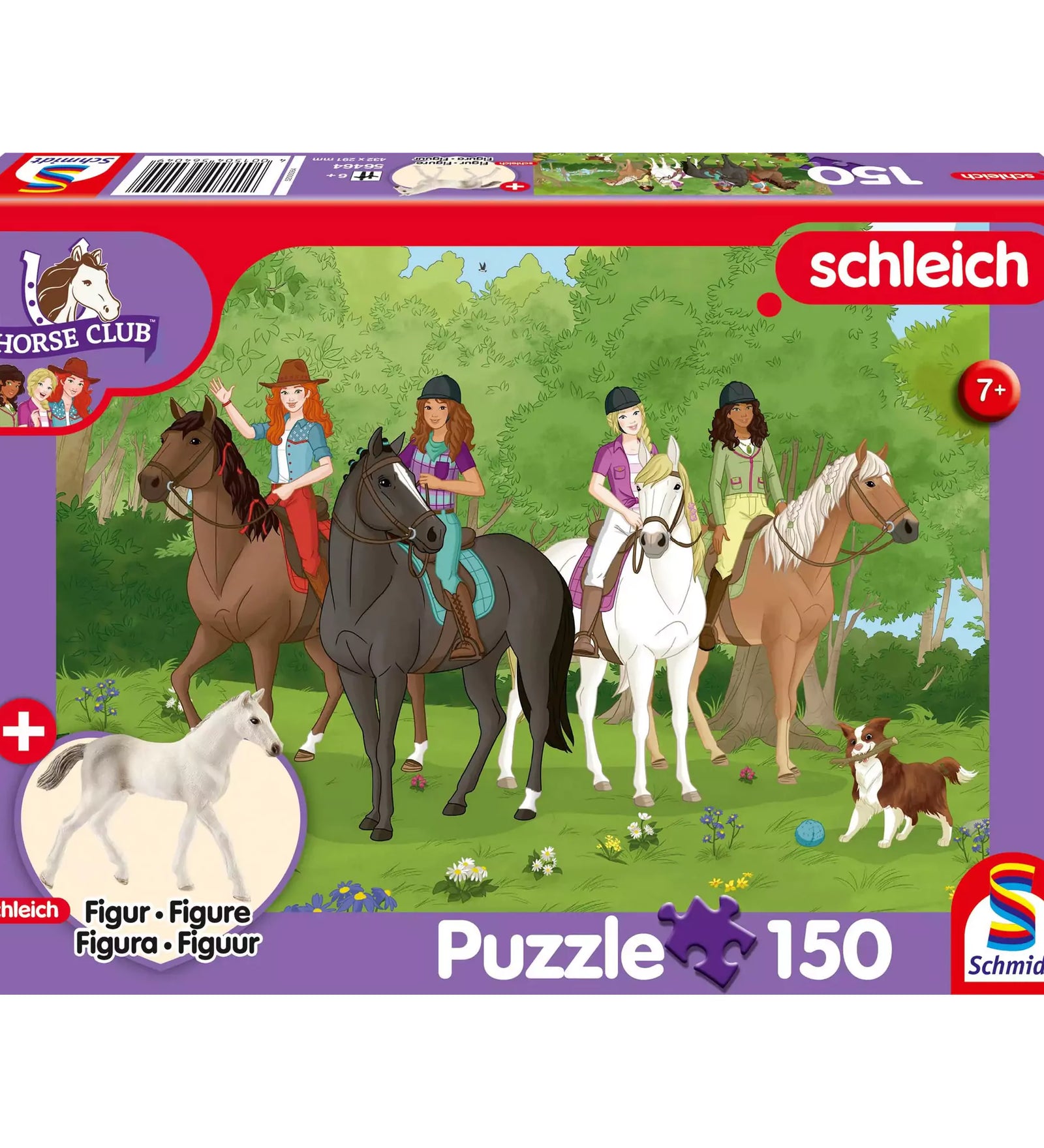 A képen a Horse Club lovas puzzle doboza látható, amely 150 darabos kirakót tartalmaz. A jelenet középpontjában öt barátnő és lovaik szerepelnek, ahogy együtt lovagolnak egy zöld, virágokkal tarkított erdei tisztáson. A kép vidám, színes és barátságos hangulatot áraszt. A csomag egy különleges fehér csikófigurát is tartalmaz, ami még izgalmasabbá teszi a játékot a gyerekek számára.