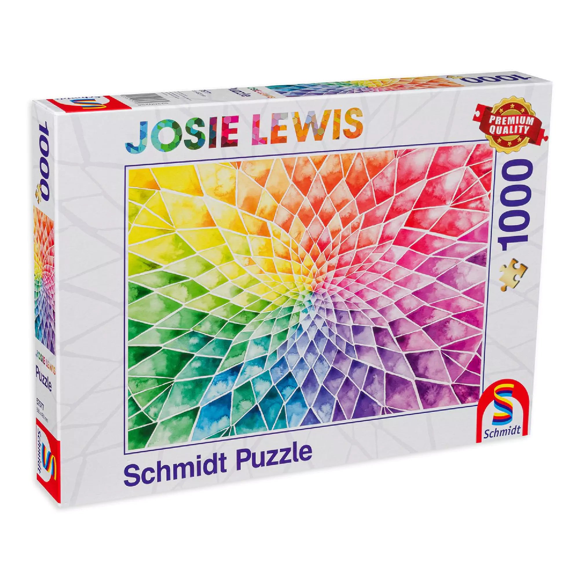 A képen a Schmidt Spiele 1000 darabos prémium puzzle-je látható, amelyet Josie Lewis színes virágmotívuma díszít. A vibráló színátmenetes minta elbűvölő látványt nyújt, és igazi kihívást jelent minden puzzle-rajongónak. A csomagolás elegáns, a „Premium Quality” jelzés pedig garantálja a kiváló minőséget.