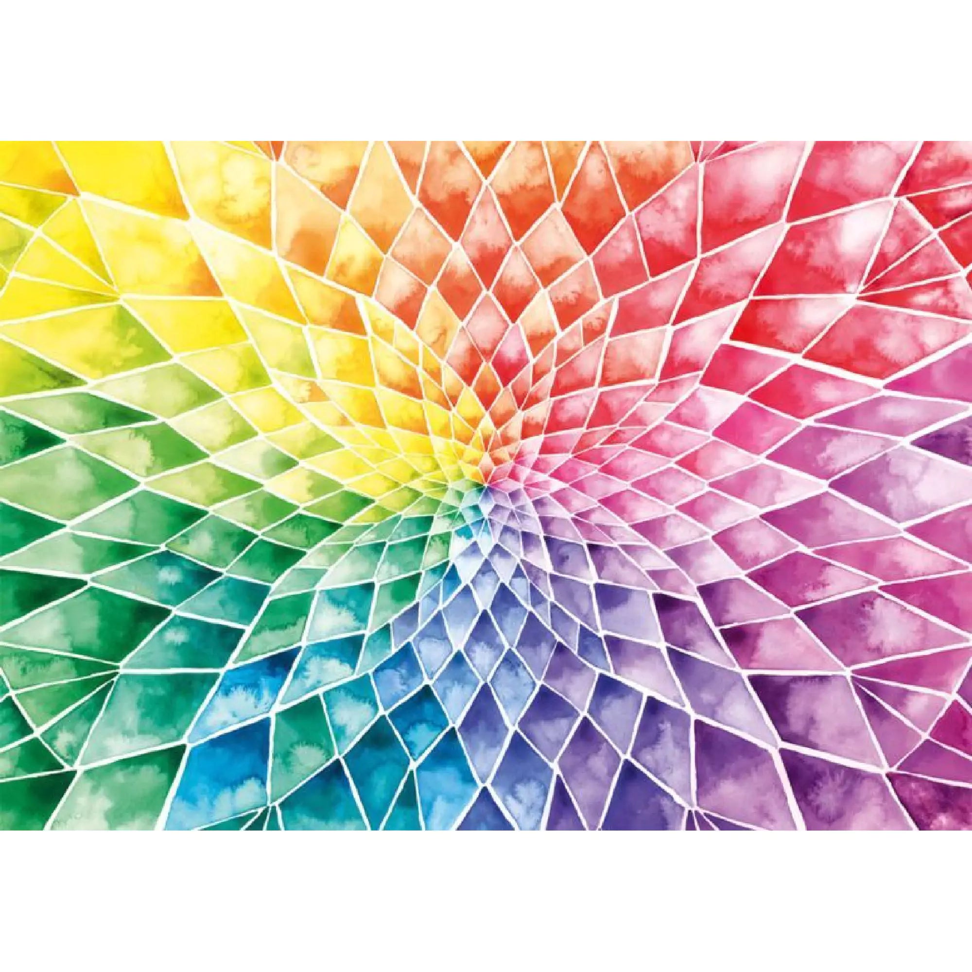 A képen egy gyönyörű, szivárvány színeiben pompázó geometrikus virágminta látható, amely Josie Lewis jellegzetes stílusát tükrözi. A mozaikszerű elrendezés dinamikusan örvénylik a kép középpontja felé, és minden egyes részlet élénk vízfesték-hatásban ragyog. Ez az alkotás egy 1000 darabos Schmidt prémium puzzle része, igazi kihívás és vizuális élmény minden kirakórajongónak.