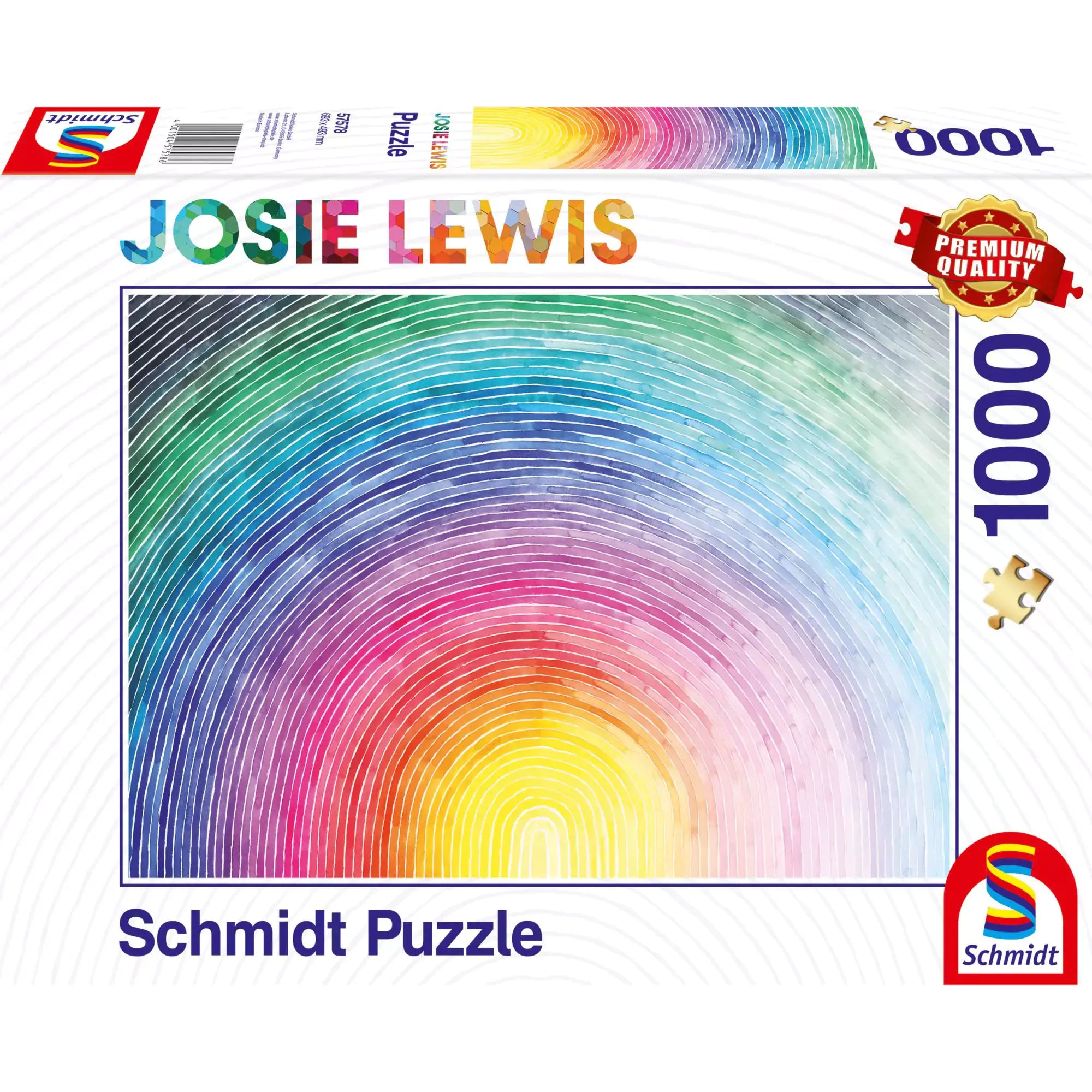 Ez a kép a Schmidt Puzzle prémium minőségű, 1000 darabos kirakóját ábrázolja, amelyet Josie Lewis színpompás, koncentrikus körökből álló "Rising Rainbow" mintája díszít. A vibráló szivárványszínek és a különleges, kézzel festett hatás egy igazi kihívást jelentő, mégis relaxáló élményt ígér minden puzzle-rajongónak.