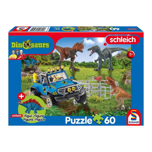 A képen a Schmidt 60 darabos dinoszauruszos puzzle-ja látható, amely egy izgalmas őskori jelenetet ábrázol terepjáróval és különféle dinoszauruszokkal. A csomag tartalmaz egy aranyos Stegosaurus figurát is, így a kirakás élménye még szórakoztatóbbá válik a gyerekek számára.