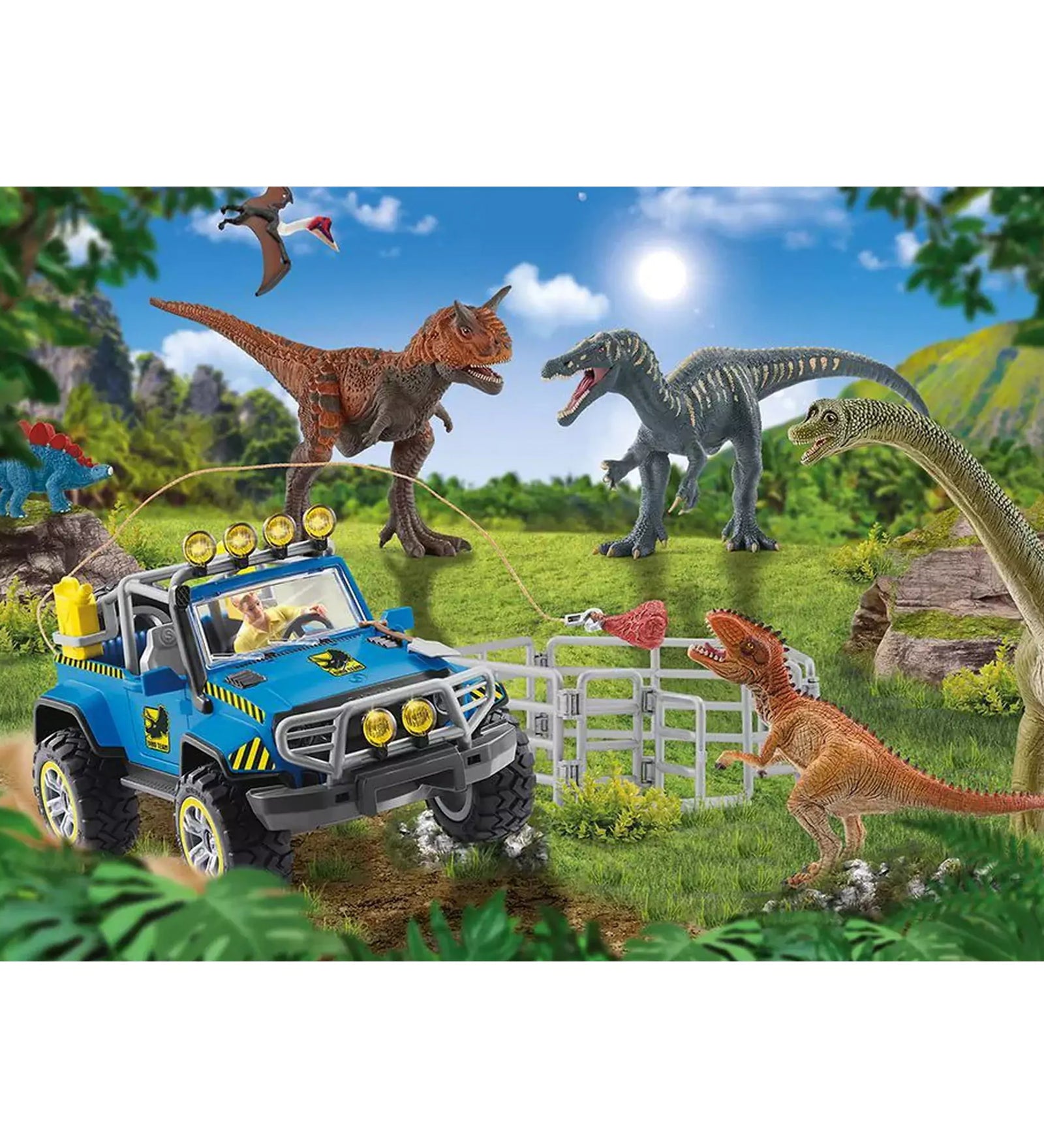A képen egy izgalmas dinoszaurusz kalandjelenet látható: terepjáróval felszerelt kutatók próbálnak rendet tartani a különböző őshüllők között. A jelenet tele van mozgással, részletekkel és természetközeli elemekkel, tökéletes választás a dinoszauruszokért rajongó gyerekek számára.