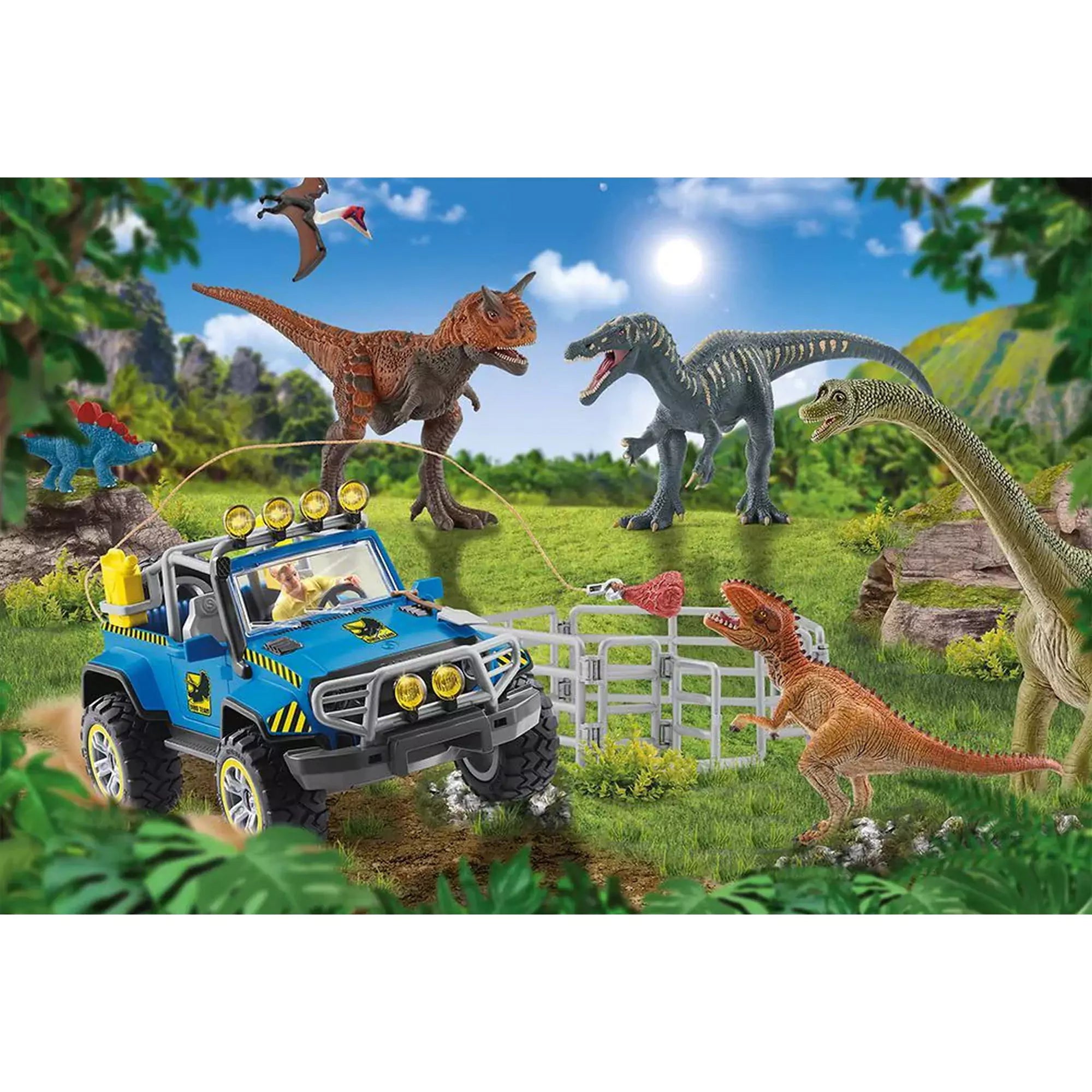 A képen egy izgalmas dinoszaurusz kalandjelenet látható: terepjáróval felszerelt kutatók próbálnak rendet tartani a különböző őshüllők között. A jelenet tele van mozgással, részletekkel és természetközeli elemekkel, tökéletes választás a dinoszauruszokért rajongó gyerekek számára.
