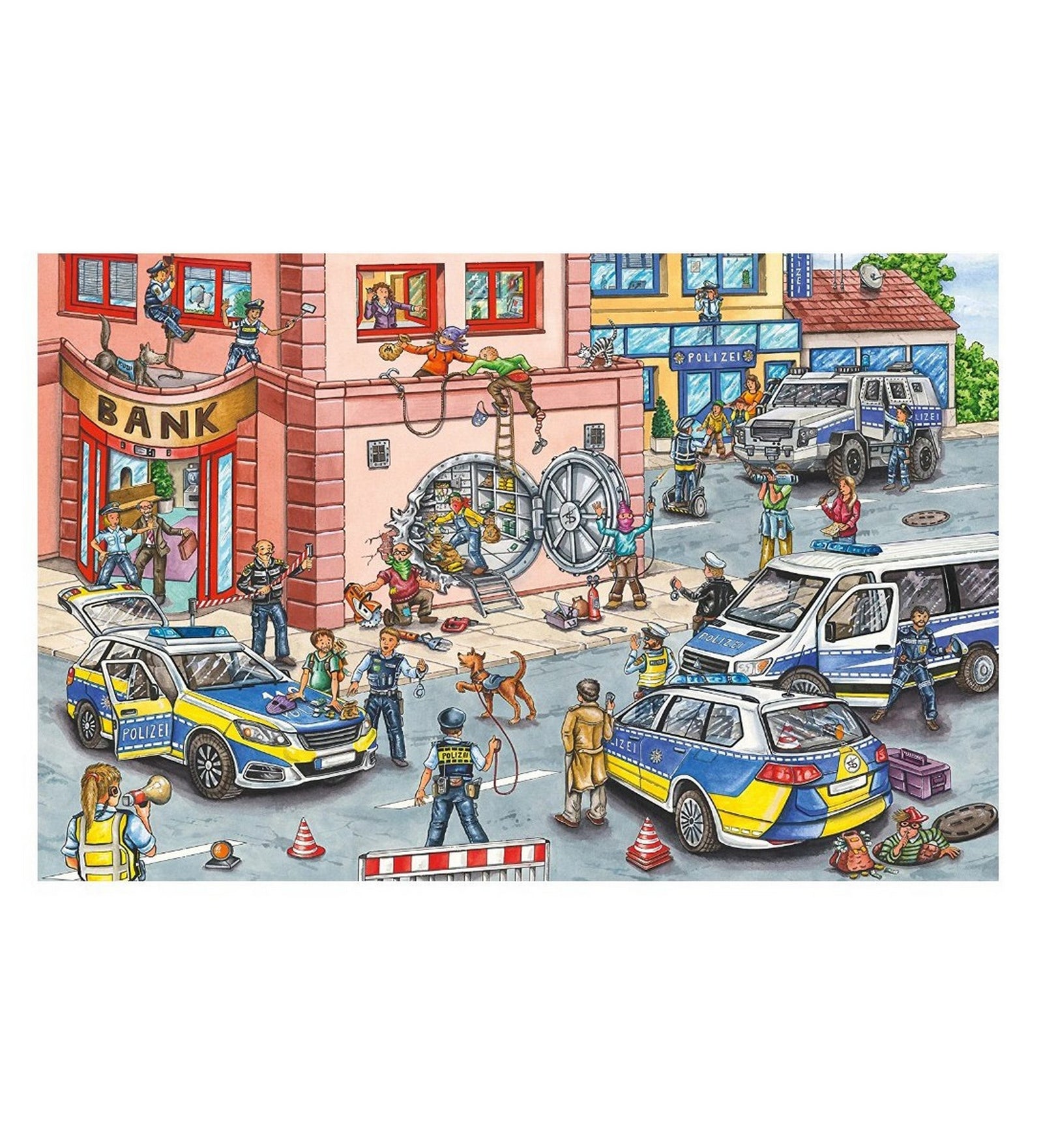 Schmidt Puzzle Police Operation 100 darabos kirakó részletgazdag jelenettel, ahol a rendőrök bankrablás közben intézkednek, rendőrautók, páncélozott jármű és nyitott trezor látható a városi utcán.