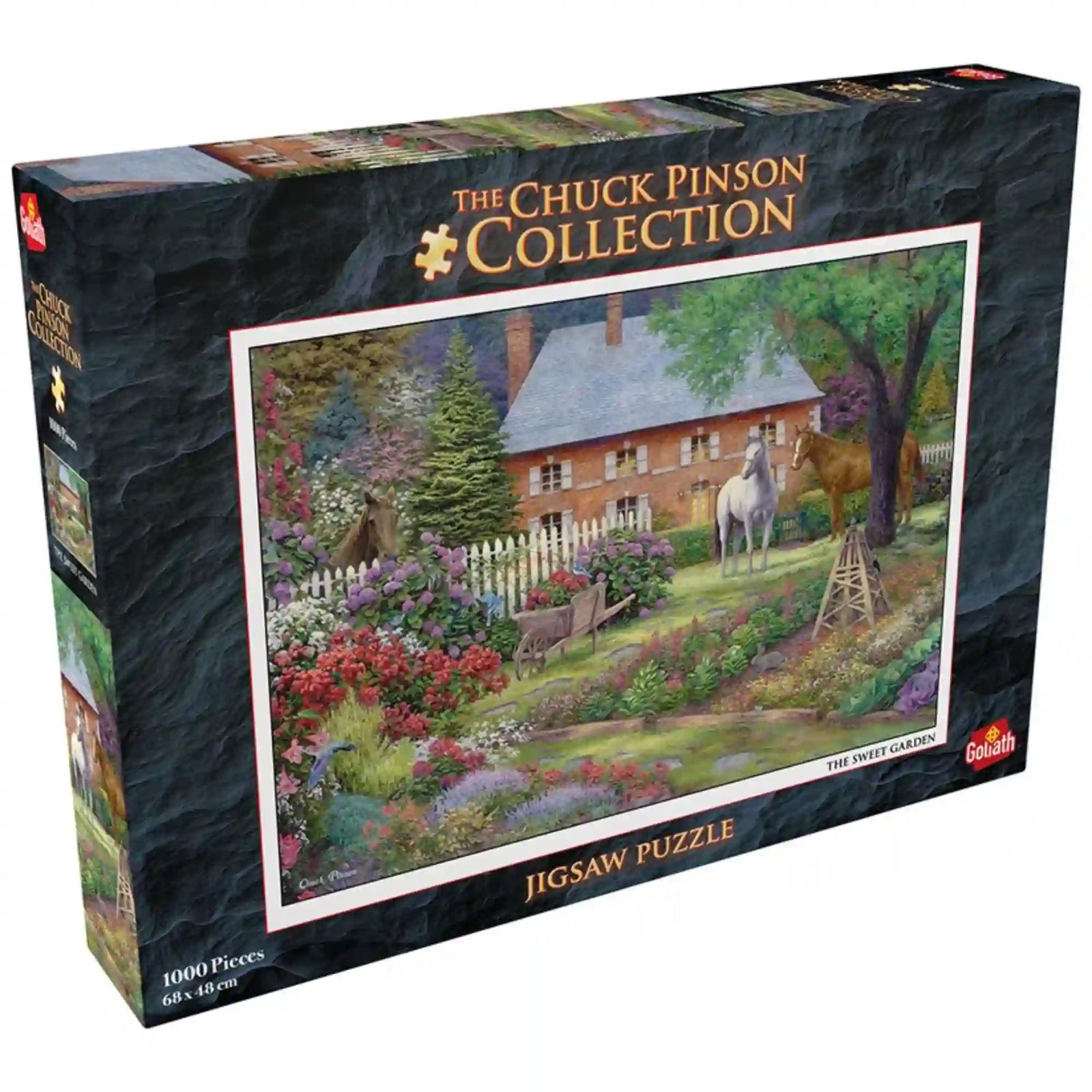 A Chuck Pinson Collection – The Sweet Garden, 1000 darabos puzzle doboza háromnegyedes nézetből, a virágos kertet és lovakat ábrázoló képpel.