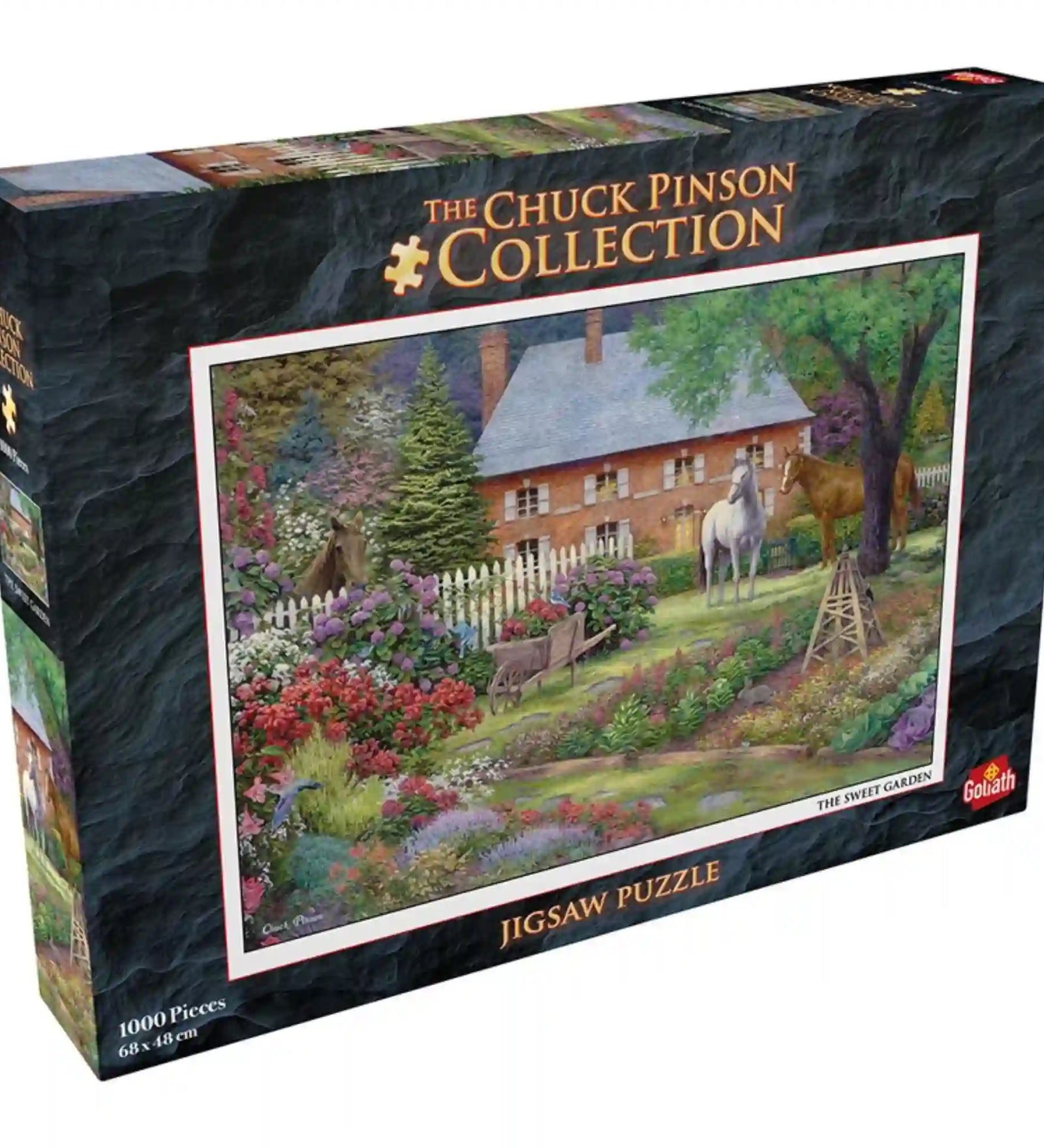 A Chuck Pinson Collection – The Sweet Garden, 1000 darabos puzzle doboza háromnegyedes nézetből, a virágos kertet és lovakat ábrázoló képpel.