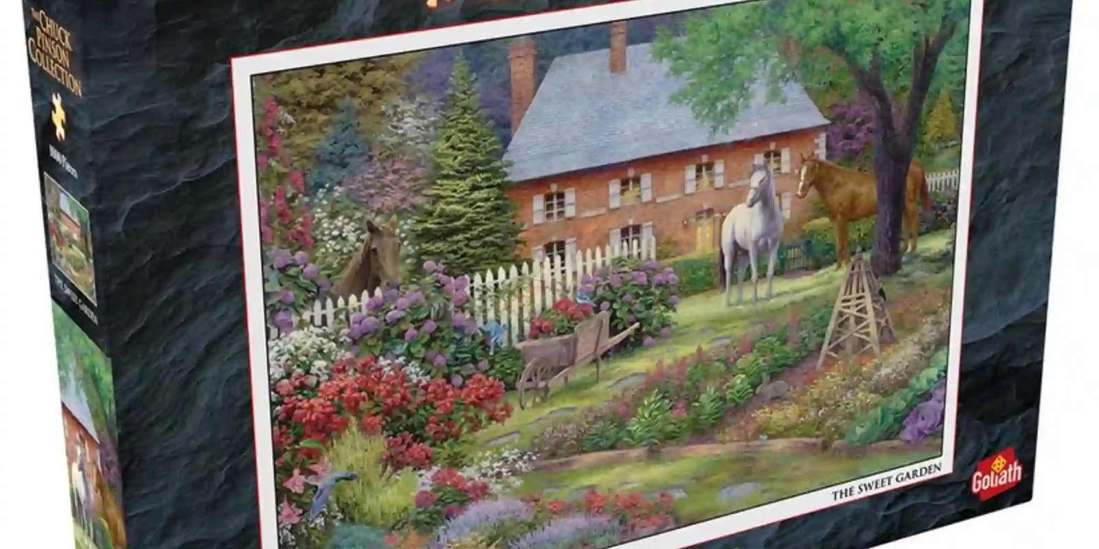 A Chuck Pinson Collection – The Sweet Garden, 1000 darabos puzzle doboza háromnegyedes nézetből, a virágos kertet és lovakat ábrázoló képpel.
