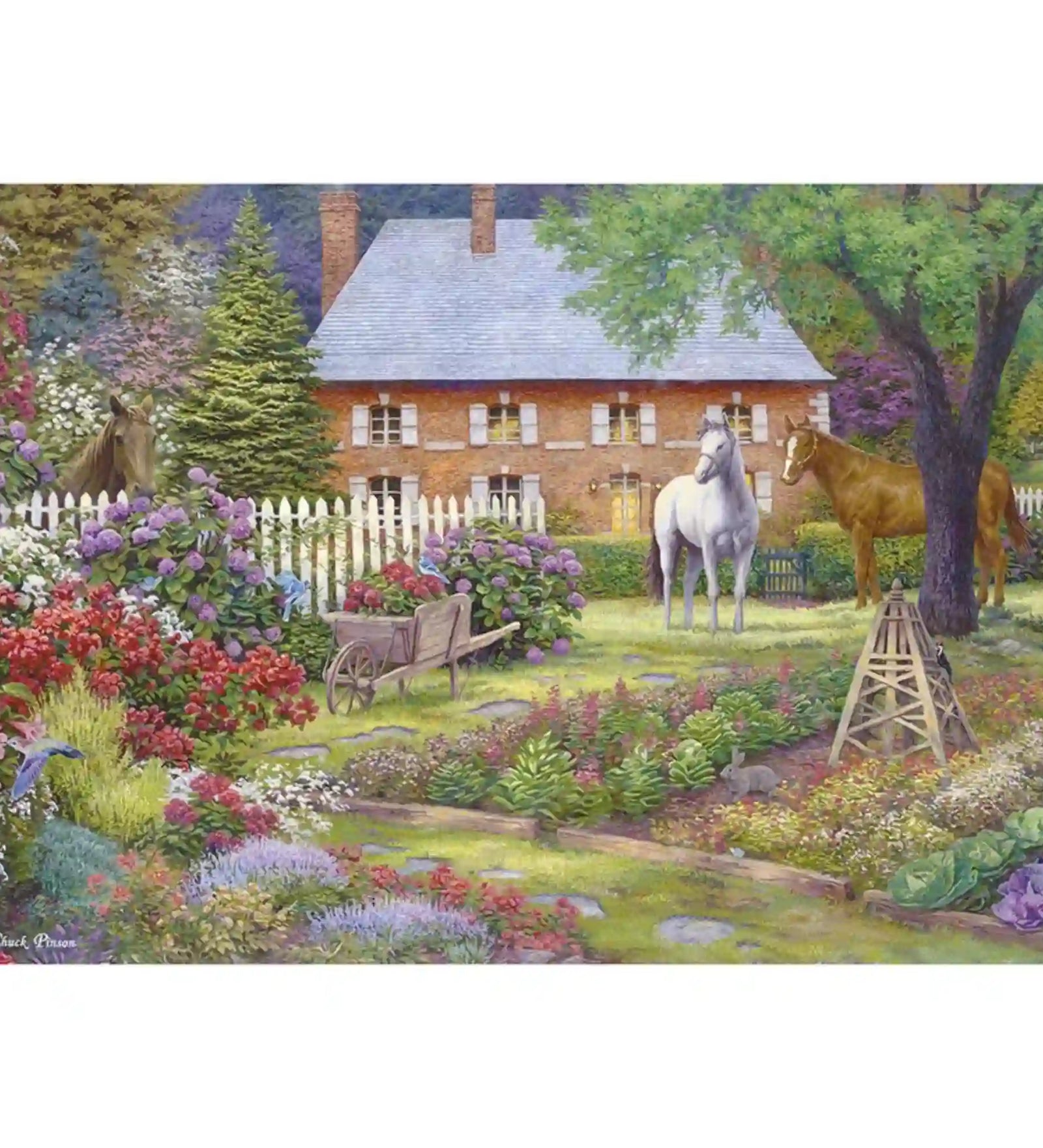 A Chuck Pinson Collection – The Sweet Garden, 1000 darabos puzzle kirakott képe virágzó kerttel, vidéki házzal és három lóval.