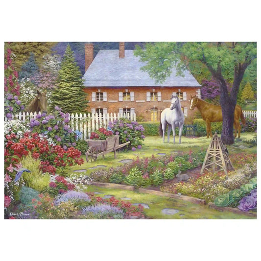 A Chuck Pinson Collection – The Sweet Garden, 1000 darabos puzzle kirakott képe virágzó kerttel, vidéki házzal és három lóval.