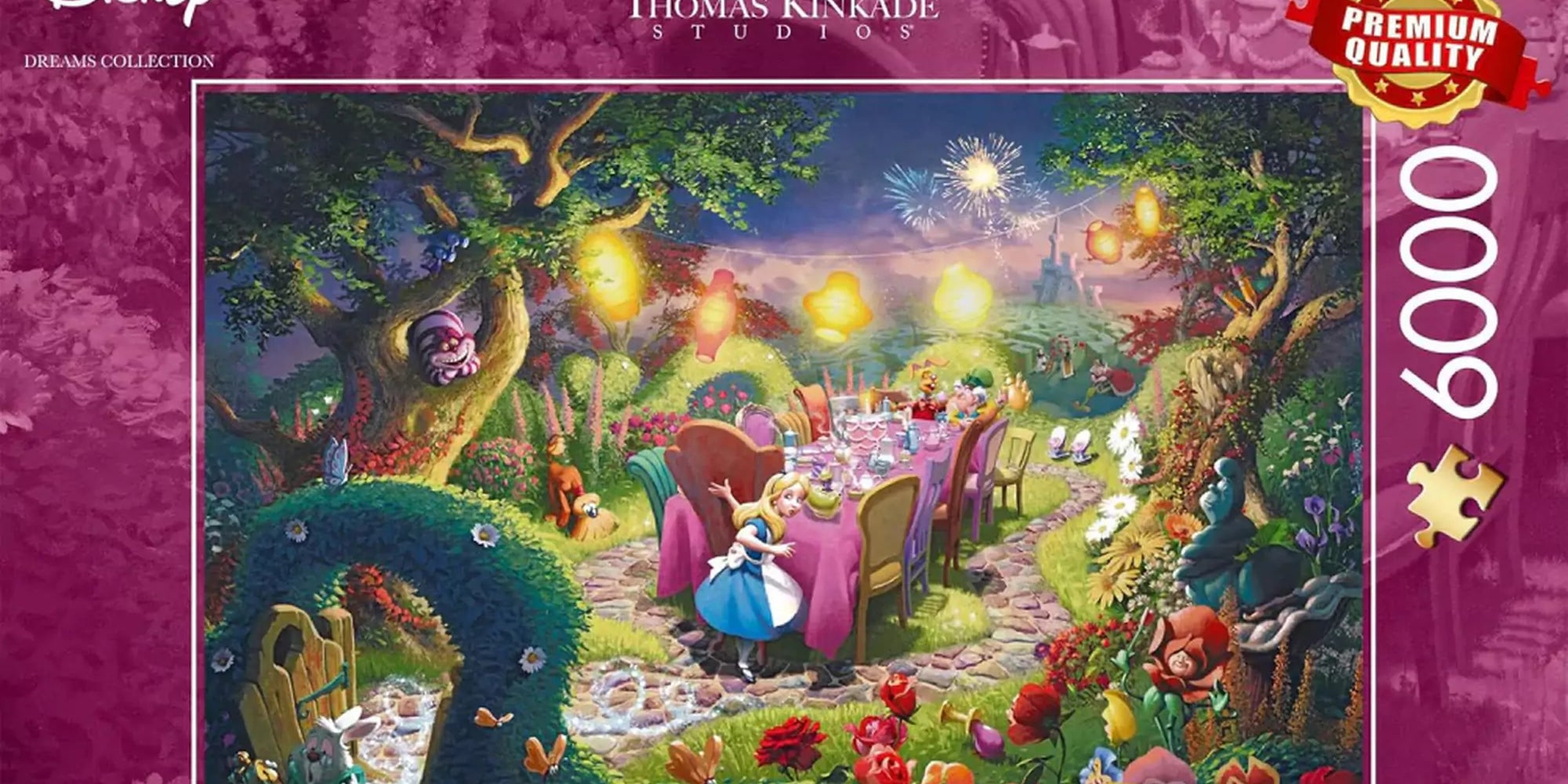 A képen a Schmidt Puzzle - Mad Hatter's Tea Party (6000 darabos) doboza látható, amely a Thomas Kinkade Studios varázslatos Disney kollekciójához tartozik. A dobozon Alice Csodaországban híres jelenete elevenedik meg a Bolond Kalapos teadélutánjával, színes és részletgazdag illusztrációval.