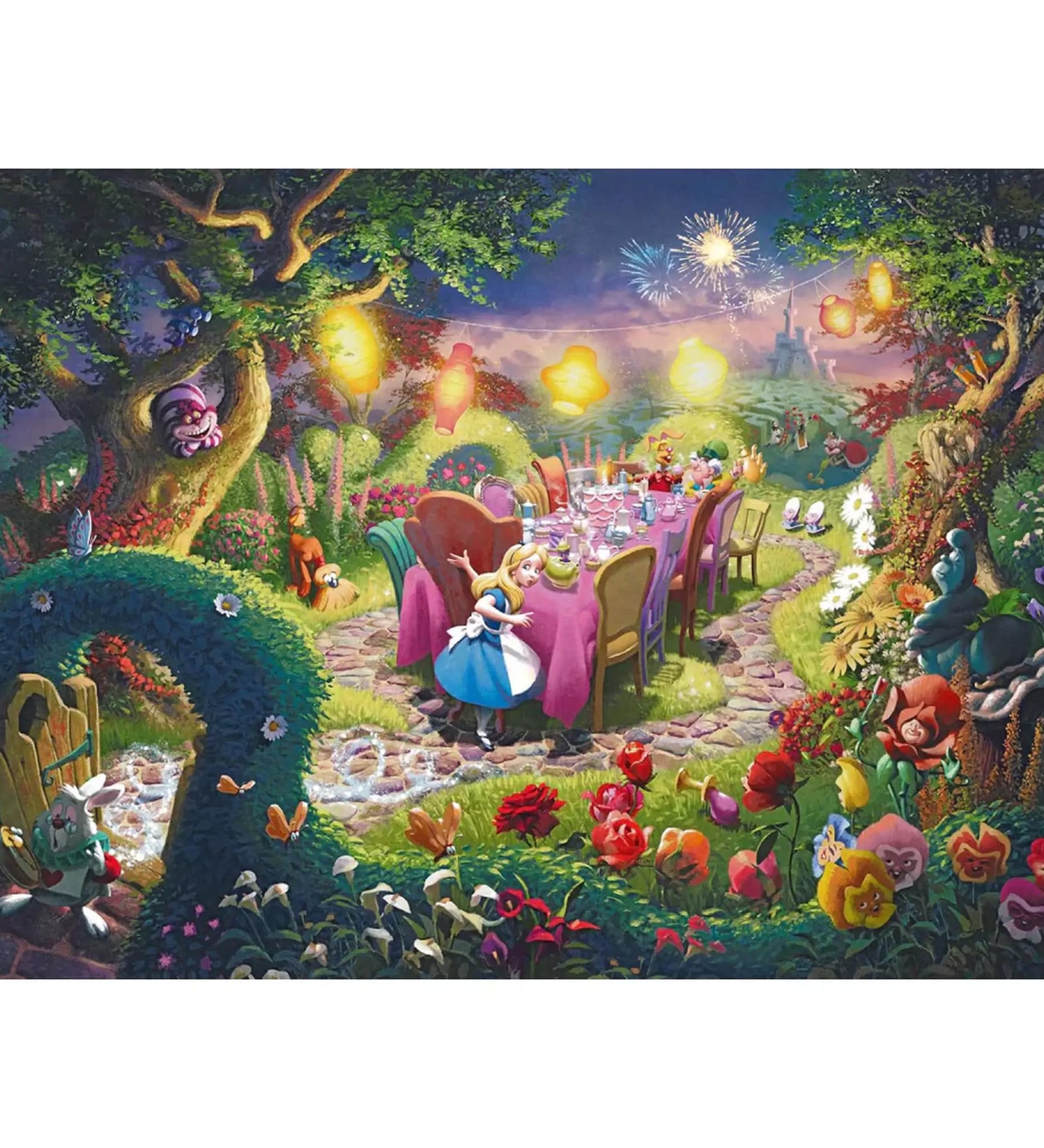 A képen a Schmidt - Mad Hatter's Tea Party 6000 darabos puzzle kirakott jelenete látható. Alice és barátai egy színes, varázslatos kertben teáznak, miközben a háttérben tűzijáték világítja meg az égboltot. A kép Thomas Kinkade stílusában készült, tele részletgazdag virágokkal, fantáziadús szereplőkkel és a Disney-mesék időtlen bájával.