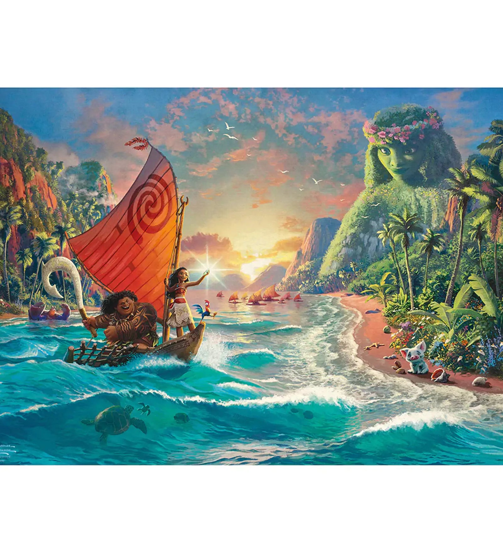 Ez a gyönyörű puzzle a Disney Moana varázslatos világát ábrázolja, ahol Moana és Maui együtt szeli a hullámokat egy trópusi tájon. A Thomas Kinkade által ihletett részletgazdag kép életre kelti az óceán és a szigetek misztikus szépségét, miközben a háttérben Te Fiti figyeli hőseink útját.