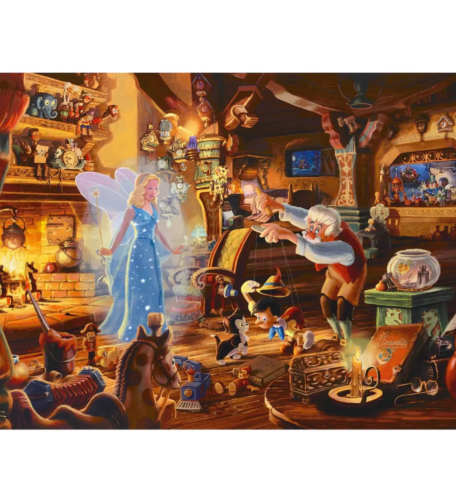 A képen Pinokkió varázslatos születésének pillanata látható Thomas Kinkade festményén. A jelenet Dzsepettó műhelyében játszódik, ahol a Kék Tündér életet lehel a kis fabábuba. A meleg színek és a részletgazdag berendezés igazi mesebeli hangulatot idéznek, tele szeretettel és varázslattal.