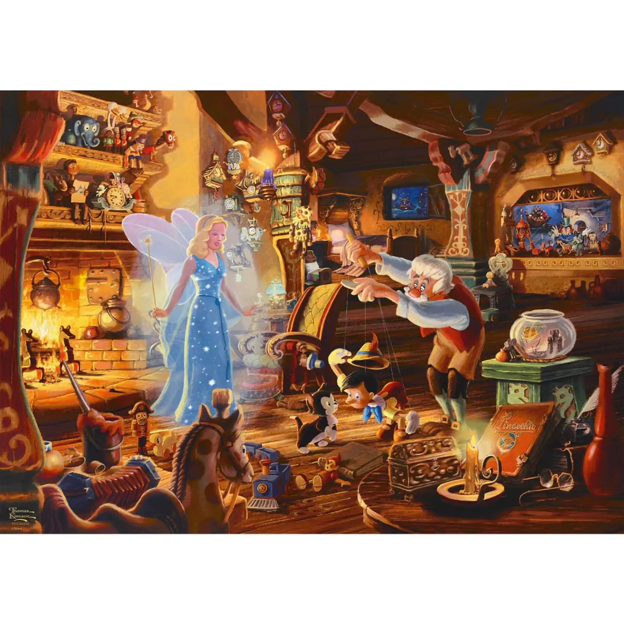 A képen Pinokkió varázslatos születésének pillanata látható Thomas Kinkade festményén. A jelenet Dzsepettó műhelyében játszódik, ahol a Kék Tündér életet lehel a kis fabábuba. A meleg színek és a részletgazdag berendezés igazi mesebeli hangulatot idéznek, tele szeretettel és varázslattal.