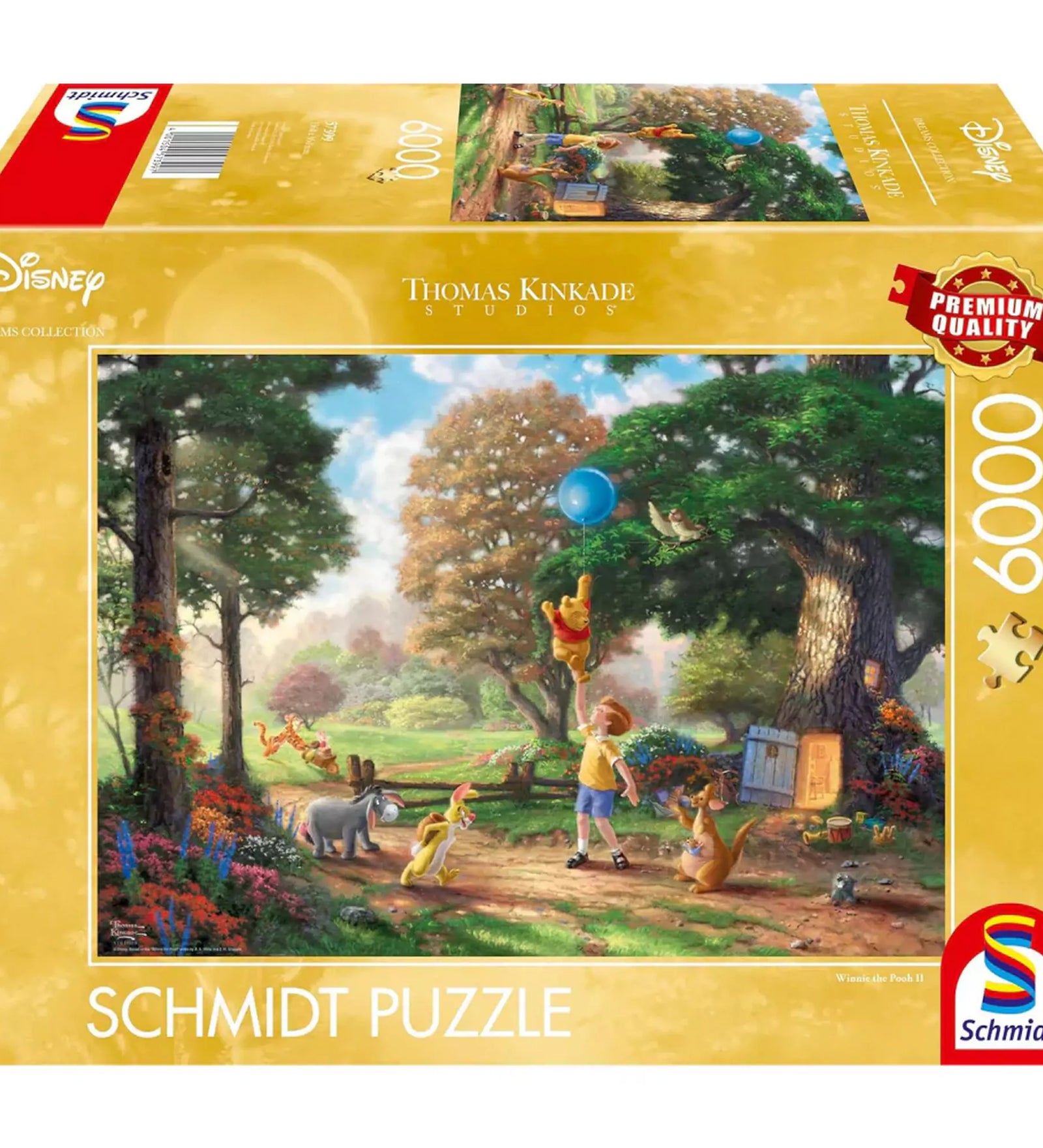 A képen a Schmidt Puzzle Disney – Winnie Pooh II 6000 darabos prémium puzzle doboza látható. A borítón Thomas Kinkade bájos illusztrációja szerepel, amelyen Micimackó, Malacka, Tigris, Füles és barátaik láthatók, amint együtt játszanak a napsütötte Százholdas pagonyban. Ez a részletgazdag, színes kép már önmagában elragadó, a puzzle kirakása pedig igazi örömet nyújt minden Disney-rajongónak.