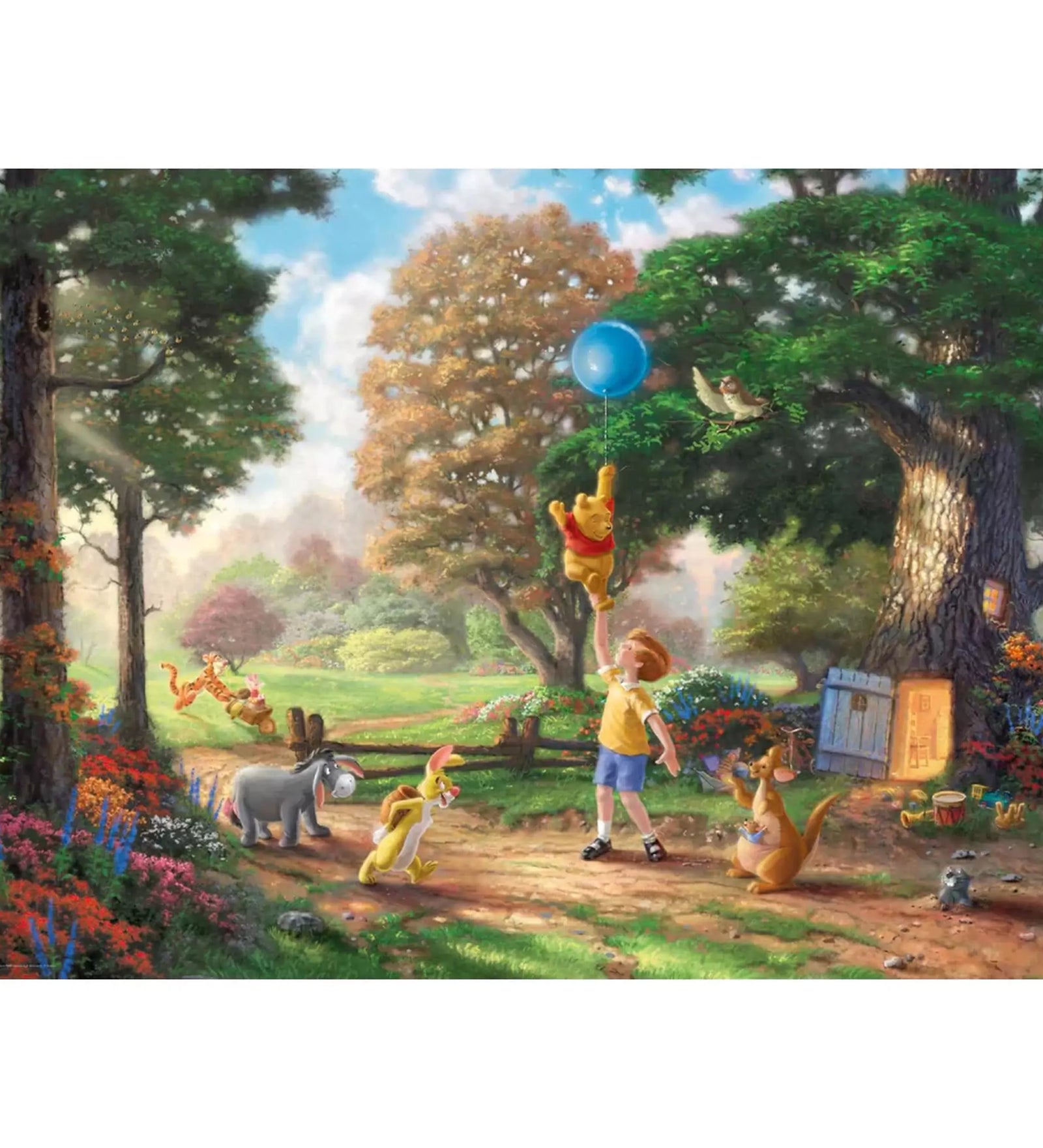 A képen Thomas Kinkade csodálatos illusztrációja látható a Disney Micimackó világából. Micimackó egy kék léggömbbel a magasba emelkedik Róbert Gida segítségével, miközben Tigris, Nyuszi, Füles, Kanga és Zsebibaba vidáman figyelik a jelenetet a napsütötte Százholdas pagonyban. A jelenet melegséget áraszt, tele van élettel, barátsággal és szeretettel.