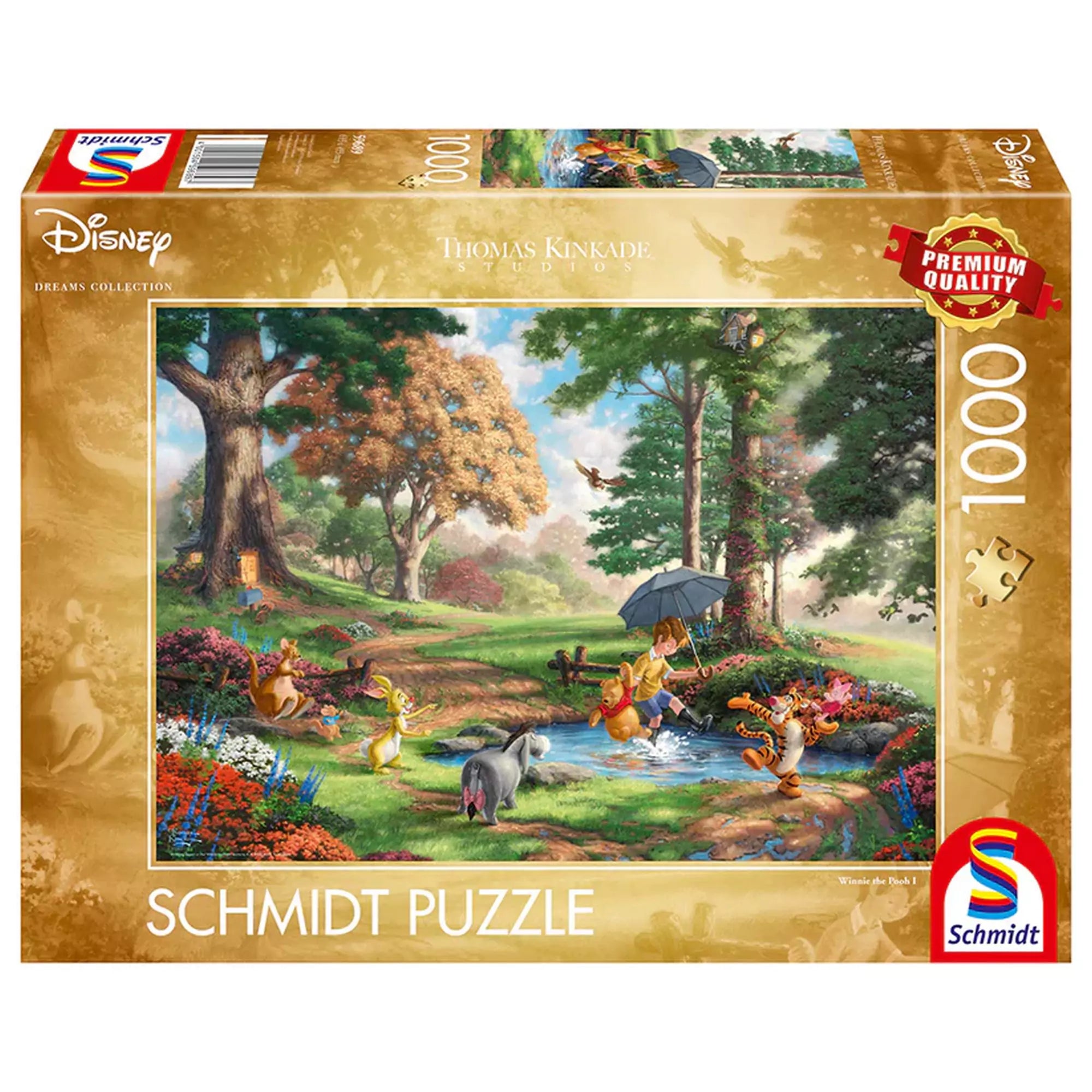 A Puzzle Schmidt: Thomas Kinkade; Disney Winnie the Pooh 1000 darabos kirakó doboza, amelyen a Disney klasszikus karakterei – Micimackó, Malacka, Tigris, Füles és Róbert Gida – vidám jelenete látható egy festői tájban.