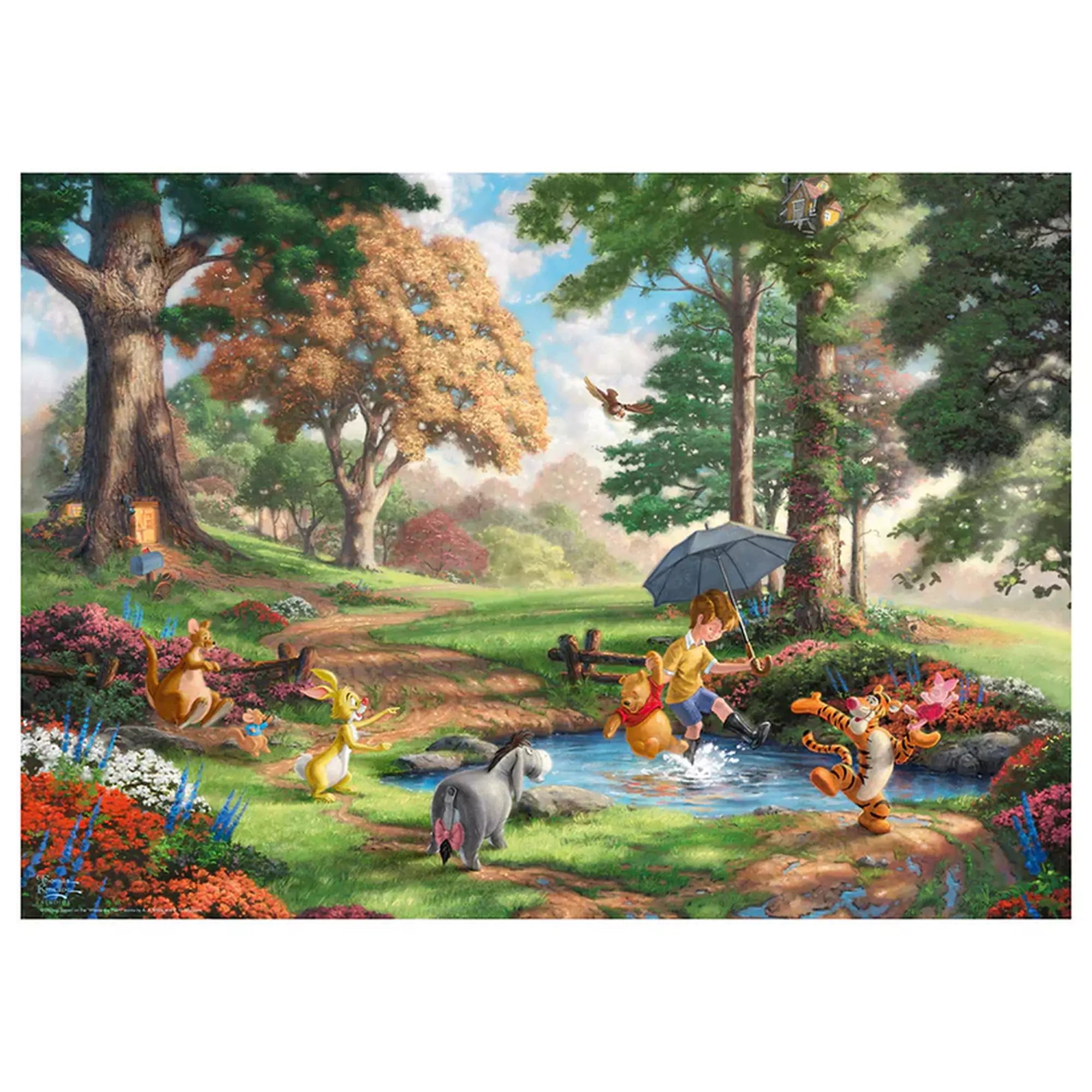 A Puzzle Schmidt: Thomas Kinkade; Disney Winnie the Pooh kirakó teljes képe, amelyen Micimackó és barátai egy patakparton játszanak napsütéses erdei környezetben, sok színes virág és fa között.