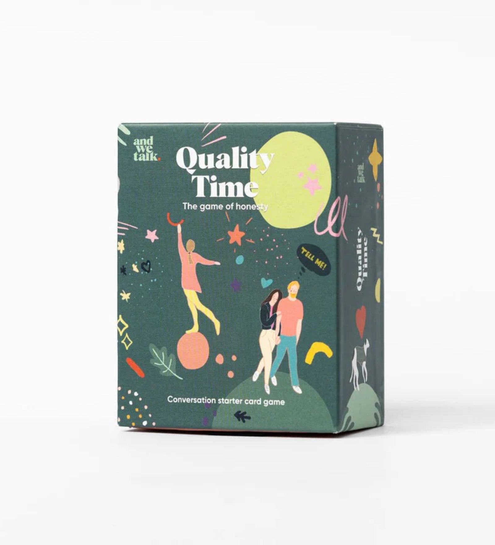 Quality Time beszélgetésindító kártyajáték doboza, fehér háttéren, elölnézetből