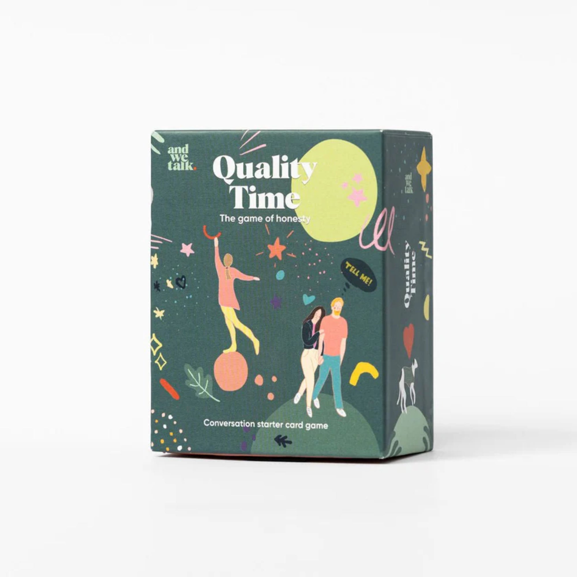 Quality Time beszélgetésindító kártyajáték doboza, fehér háttéren, elölnézetből