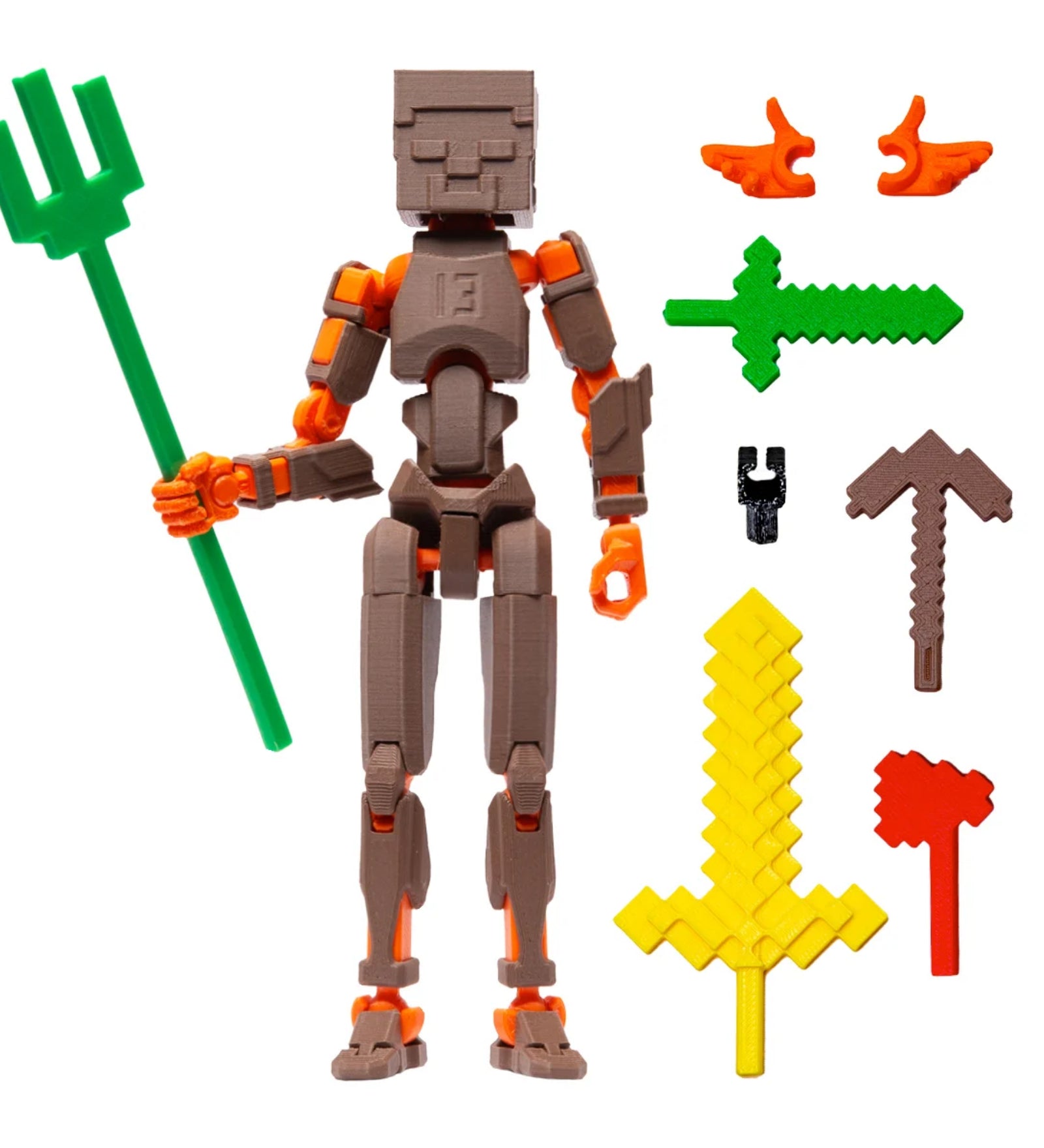 R13 robotfigura kiegészítőkkel, köztük cserélhető kezekkel, kardokkal és egy vasvillával.
