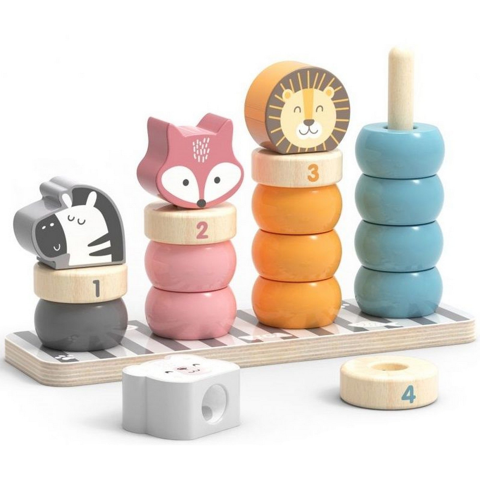 PolarB Stacking Blocks by Viga – fa rakosgatós játék állatos elemekkel, számozott gyűrűkkel és zebrával, rókával, oroszlánnal, jegesmedvével.