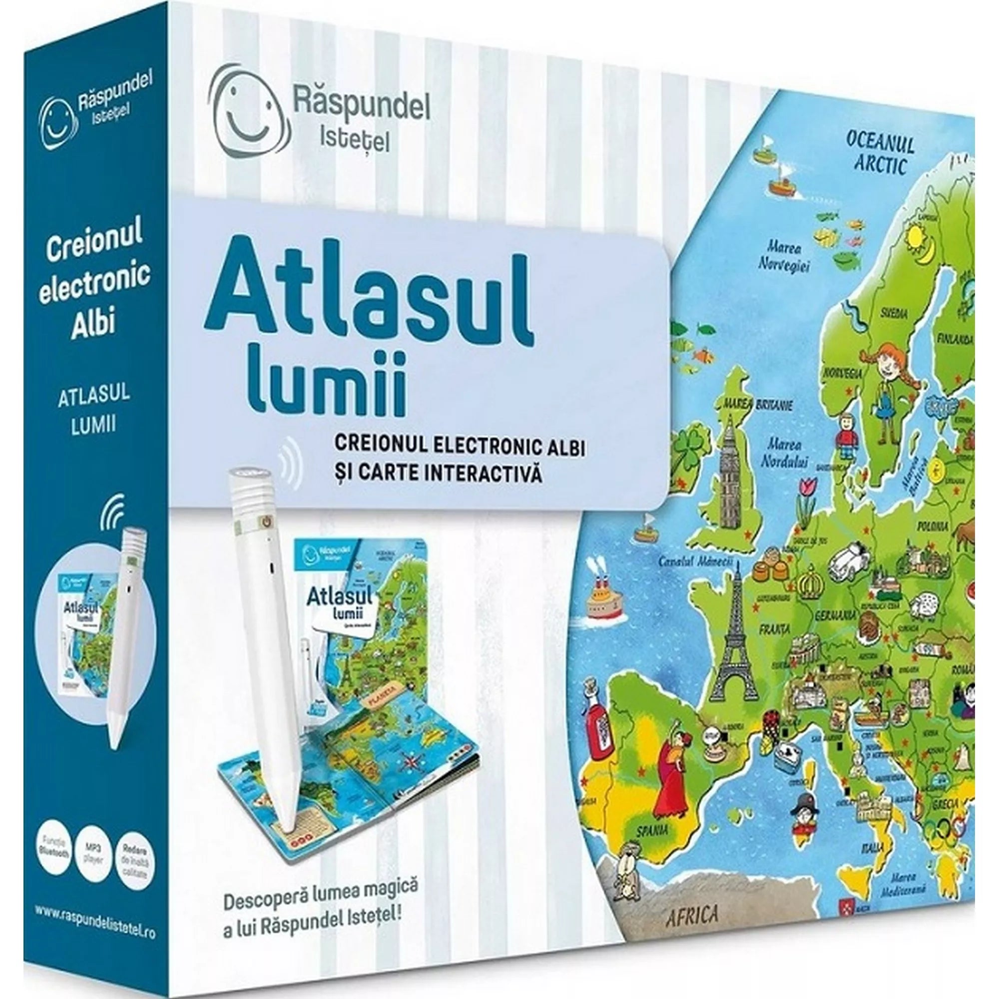 Răspundel Istetel – Atlasul lumii doboz színes világtérkép illusztrációval és interaktív tollal.