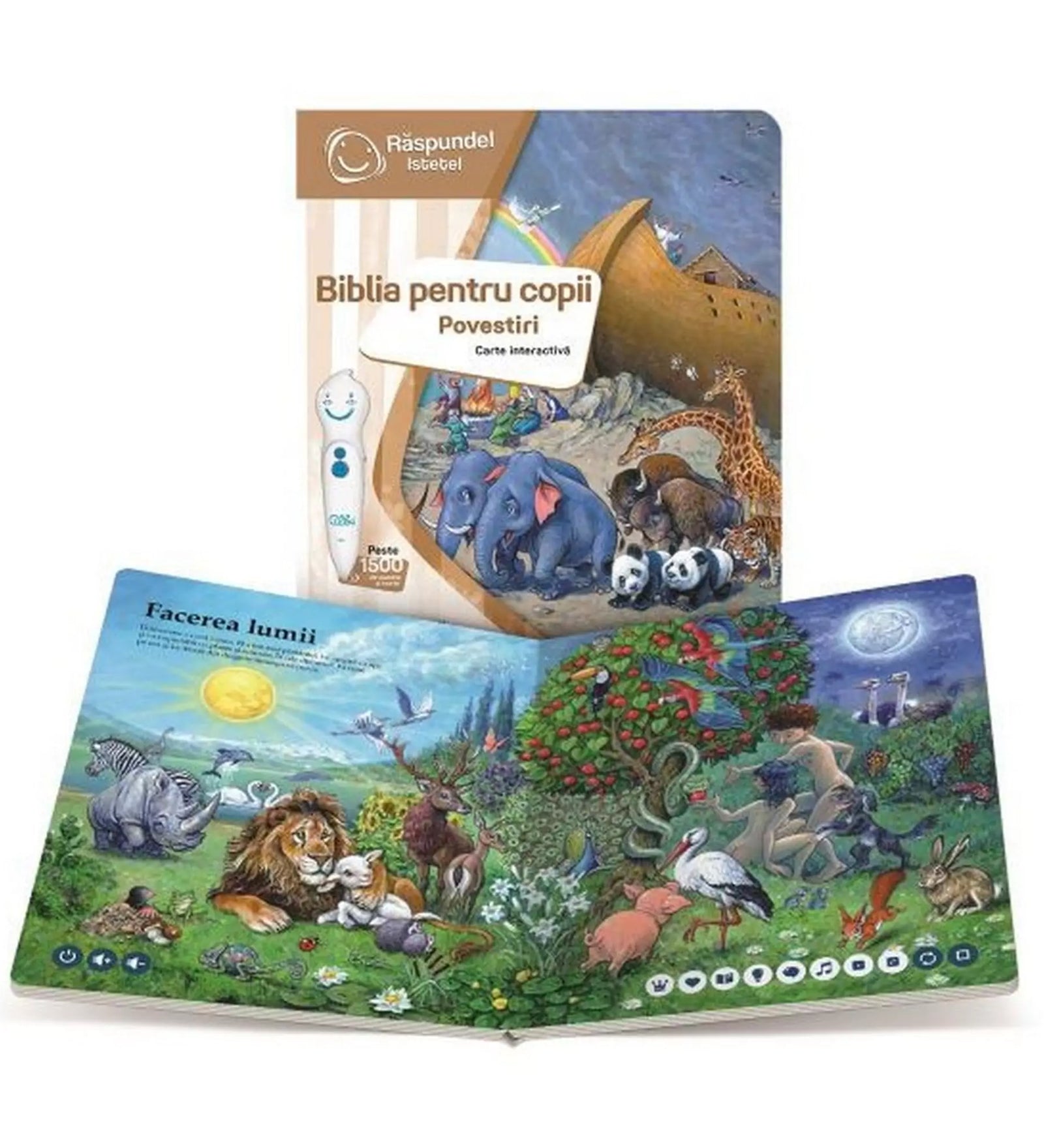 Răspundel Istețel Biblia pentru copii: Povestiri könyv belső oldalak, színes bibliai jelenetekkel és interaktív funkciókkal.
