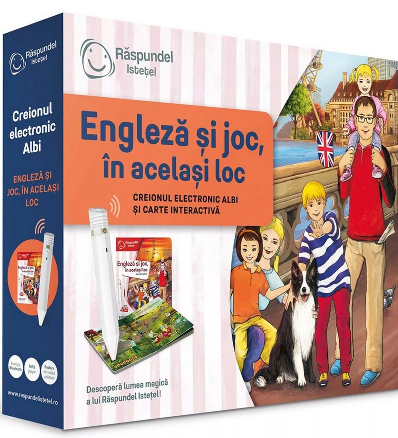 Răspundel Istetel – Engleză și joc, în același loc doboz vidám illusztrációval és interaktív tollal.