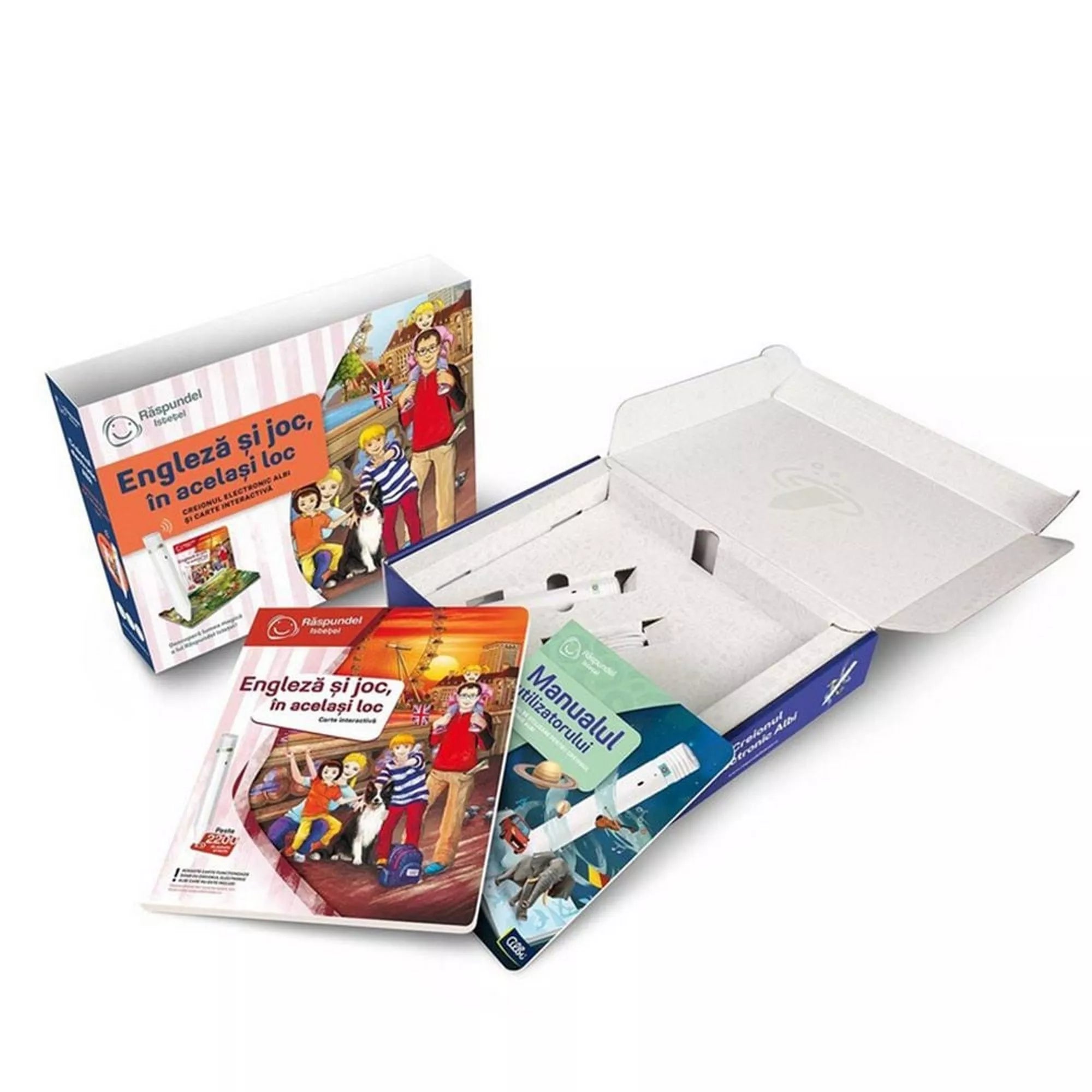 A Răspundel Istetel – Engleză și joc, în același loc készlet tartalma: könyv, Albi toll és kézikönyv.
