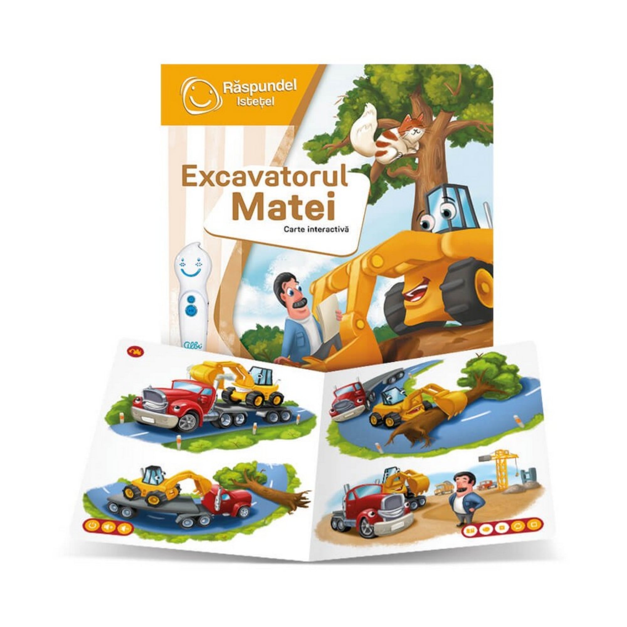 Răspundel Istetel – Excavatorul Matei oldalnézetből: A Răspundel Istetel „Excavatorul Matei” könyv vastag lapokkal, a borítón a beszélő markológép és a Răspundel toll ábrája látható.