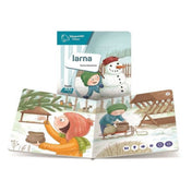 Răspundel Istetel – Iarna könyv belső oldalak: A könyv nyitott állapotban látható, illusztrált téli jelenetekkel, gyerekekkel, akik madarakat etetnek és hóban játszanak.