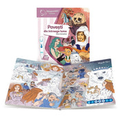 Răspundel Istetel – Povești din întreaga lume interaktív könyv borító és belső oldalak: A könyv nyitott állapotban, színes illusztrációkkal a világ meséiről, jegesmedvékkel és mesefigurákkal.