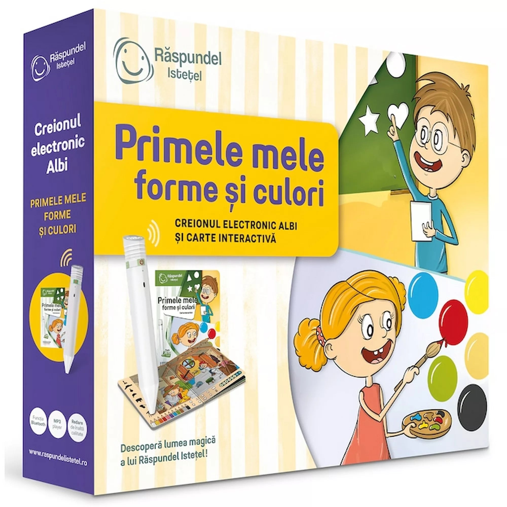 Răspundel Istetel – Primele mele forme și culori doboz színes illusztrációval és interaktív tollal.