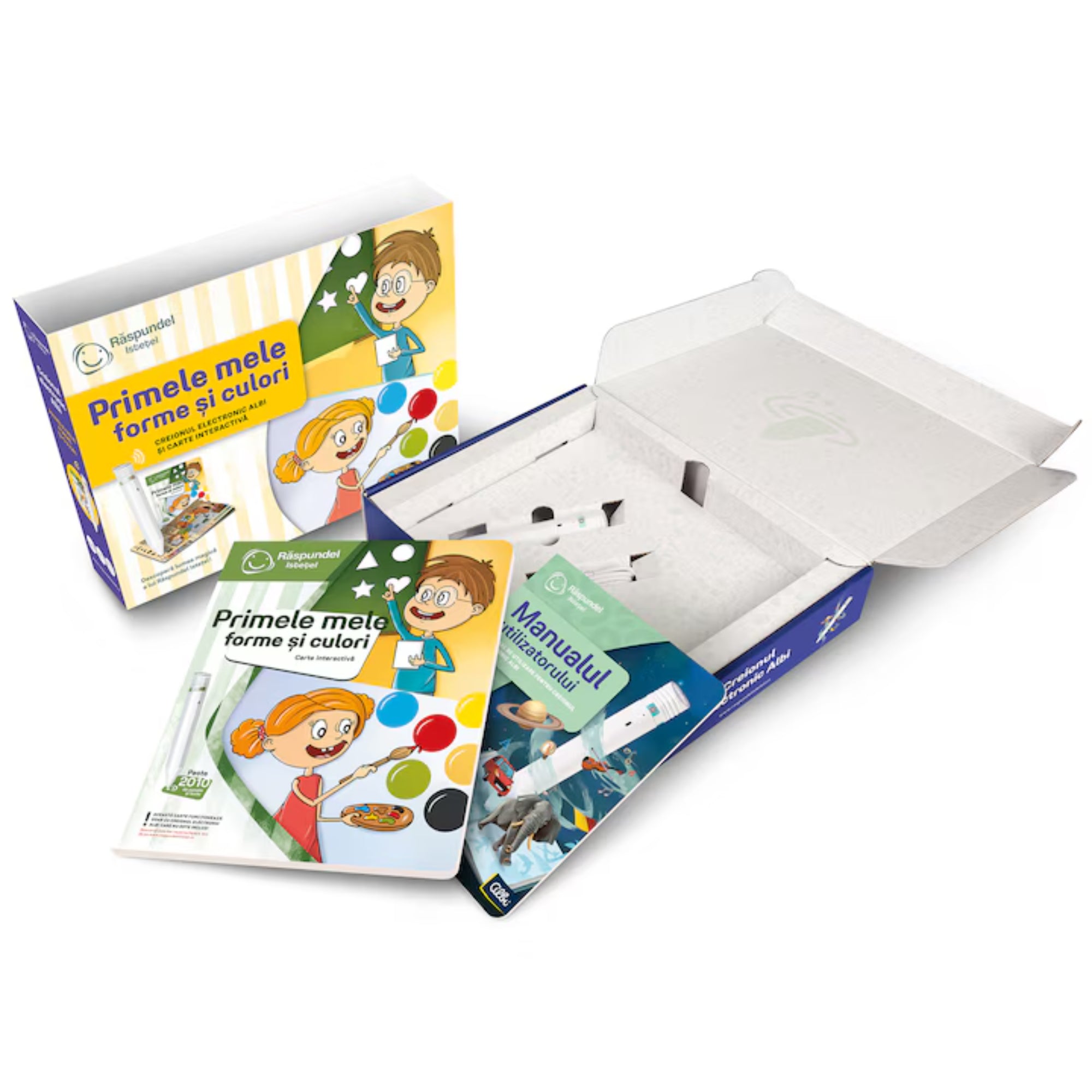 A Răspundel Istetel – Primele mele forme și culori készlet tartalma: könyv, Albi toll és kézikönyv.