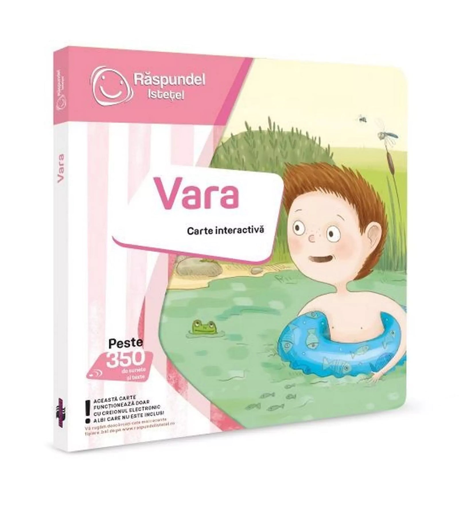 Răspundel Istețel - Vara című interaktív könyv borítója, amelyen egy kisfiú úszógumival élvezi a tó vizét.