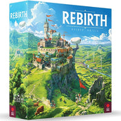 A Rebirth társasjáték doboza, egy újraépített kastéllyal Skócia zöld tájain, részletes illusztrációval.