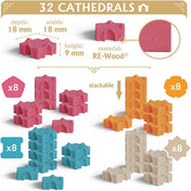 Egymásra helyezhető katedrális mini figurák a Rebirth játékból, RE-Wood® anyagból, négyféle színben, részletes kidolgozással.