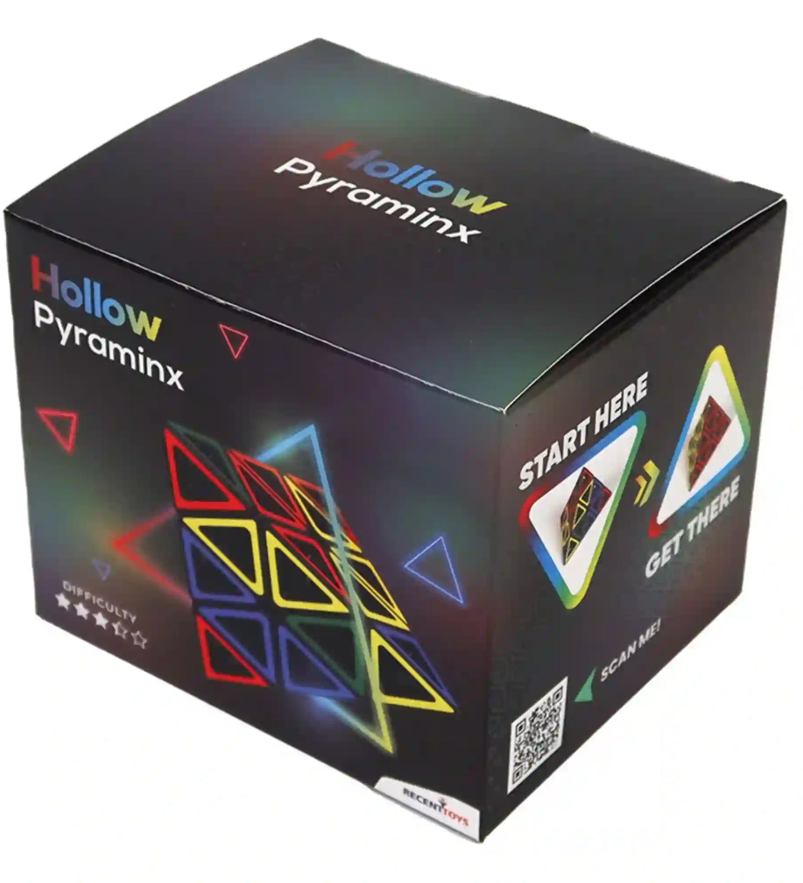 Hollow Pyraminx logikai játék doboza fekete csomagolásban, színes háromszög puzzle grafikával és QR-kóddal.
