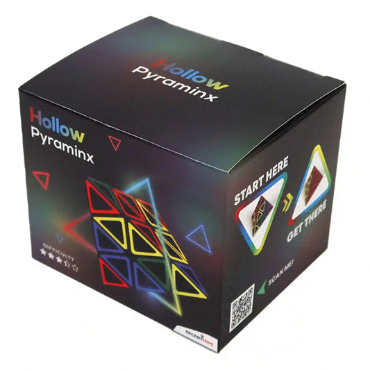 Hollow Pyraminx logikai játék doboza fekete csomagolásban, színes háromszög puzzle grafikával és QR-kóddal.
