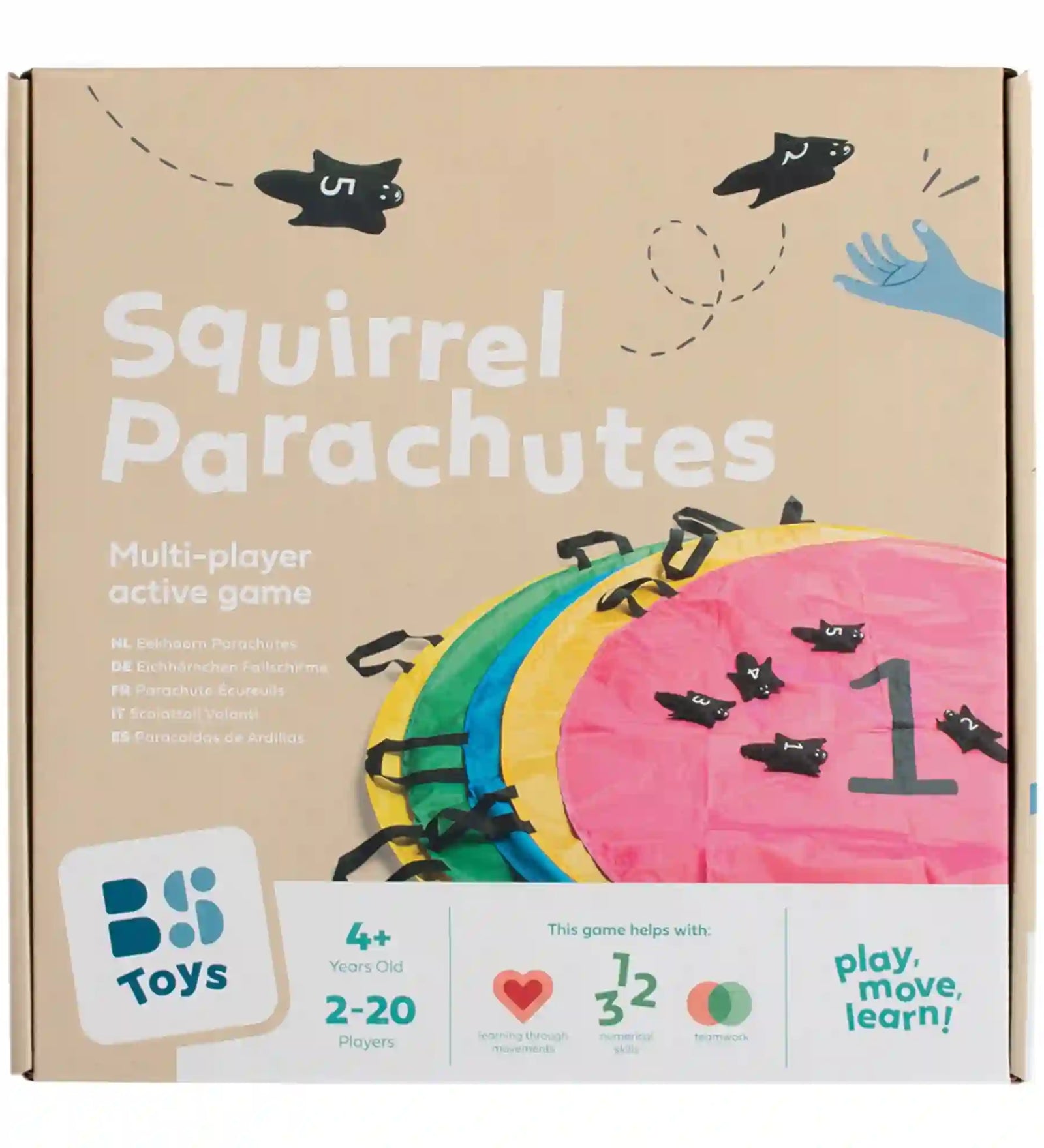 BS Toys Squirrel Parachutes ügyességi játék doboza, színes ejtőernyőkkel és számozott mókusfigurákkal.