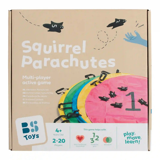 BS Toys Squirrel Parachutes ügyességi játék doboza, színes ejtőernyőkkel és számozott mókusfigurákkal.